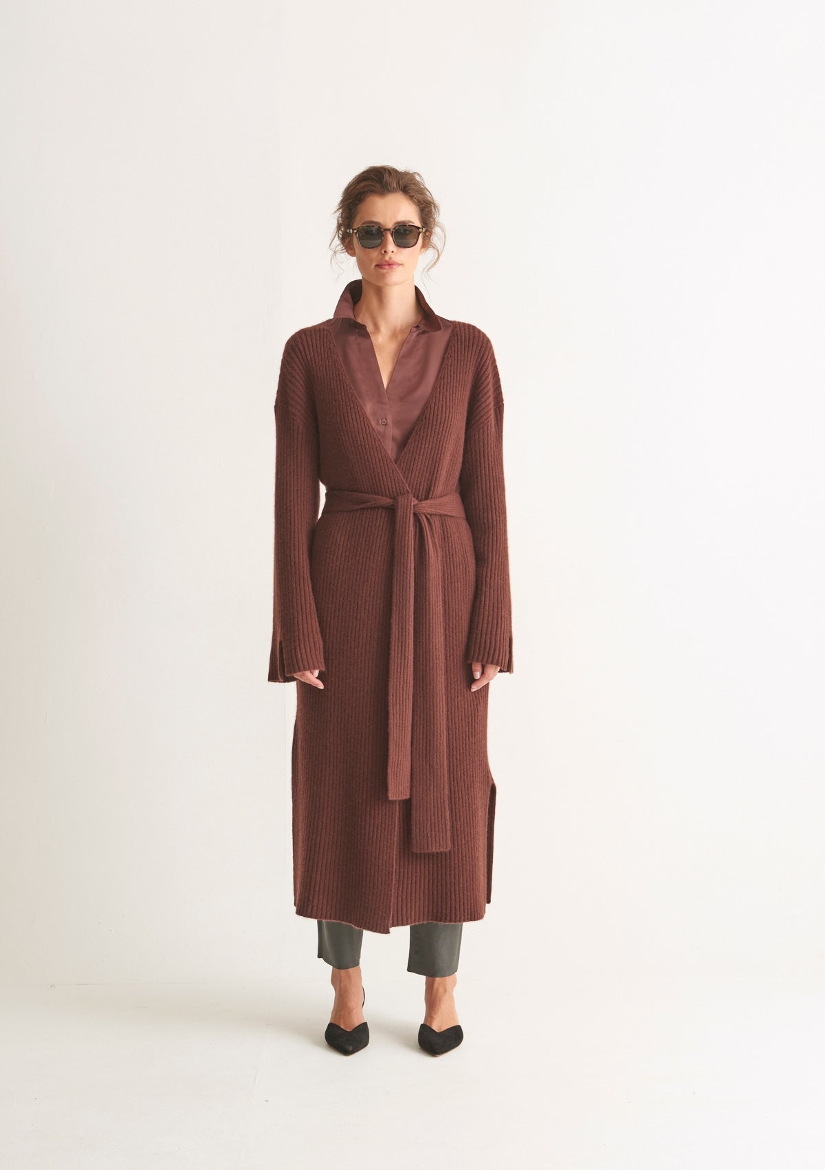 Longline Cashmere Belted Cardigan in Java - loopcashmere.co.uk