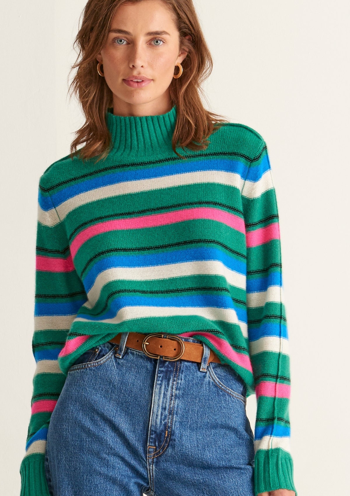 Cropped Polo Neck Sweater in Green Stripe - loopcashmere.co.uk