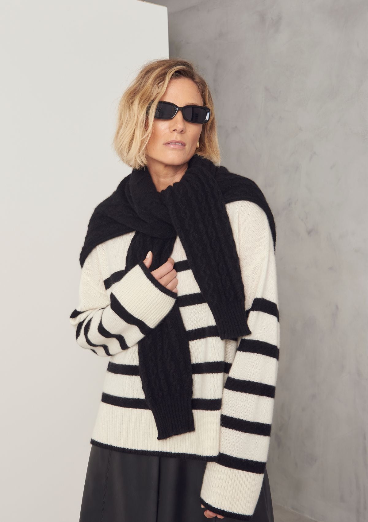 Chunky Cashmere Striped Sweater in Chalk Black