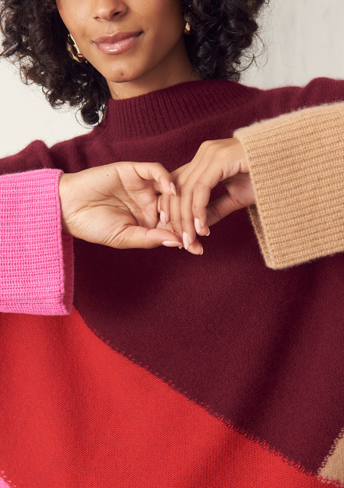 Chunky Colour Block Cashmere Sweater in Plum Red