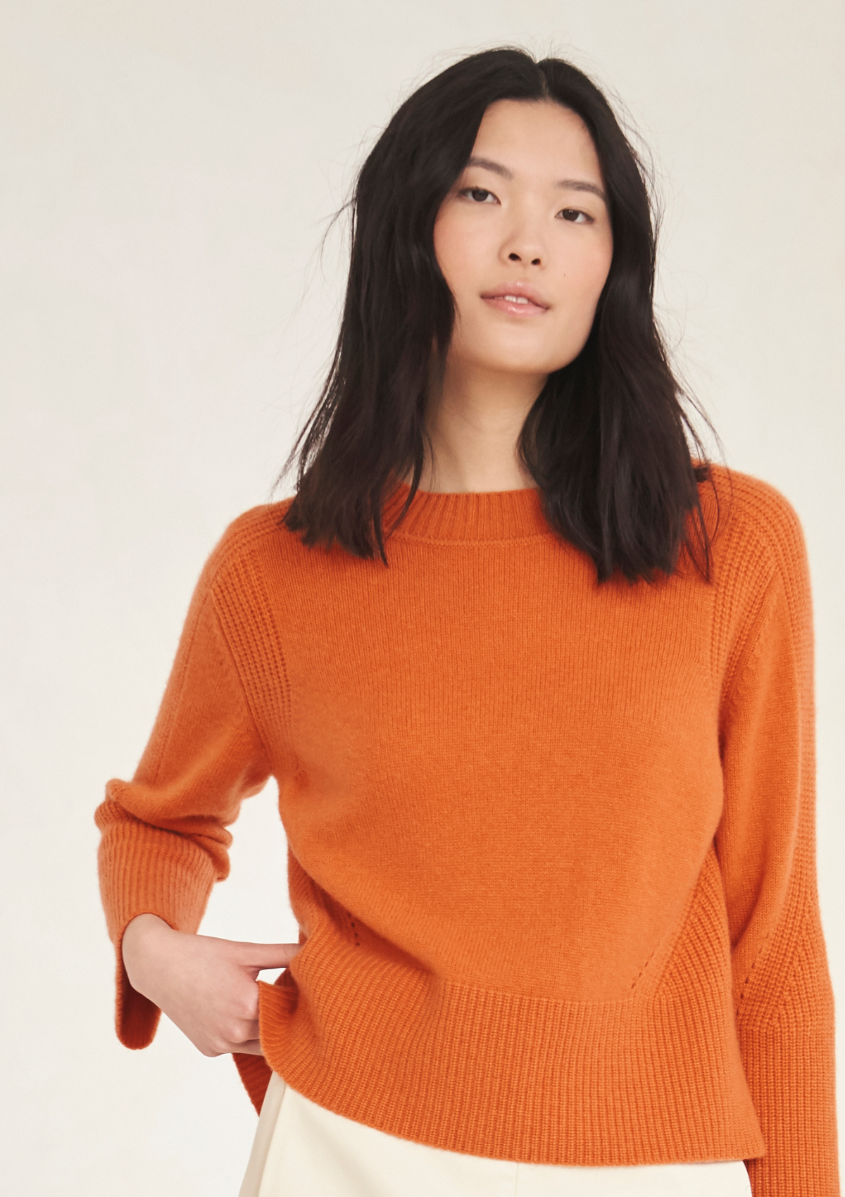 Ribbed Detail Lofty Crew Sweatshirt in Tiger Orange