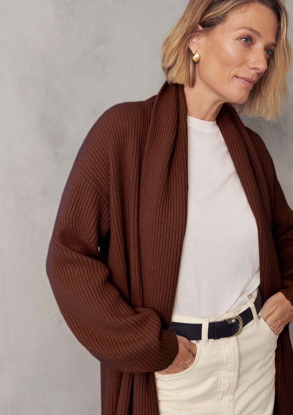 Ribbed Cashmere Coatigan in Spiced Brown