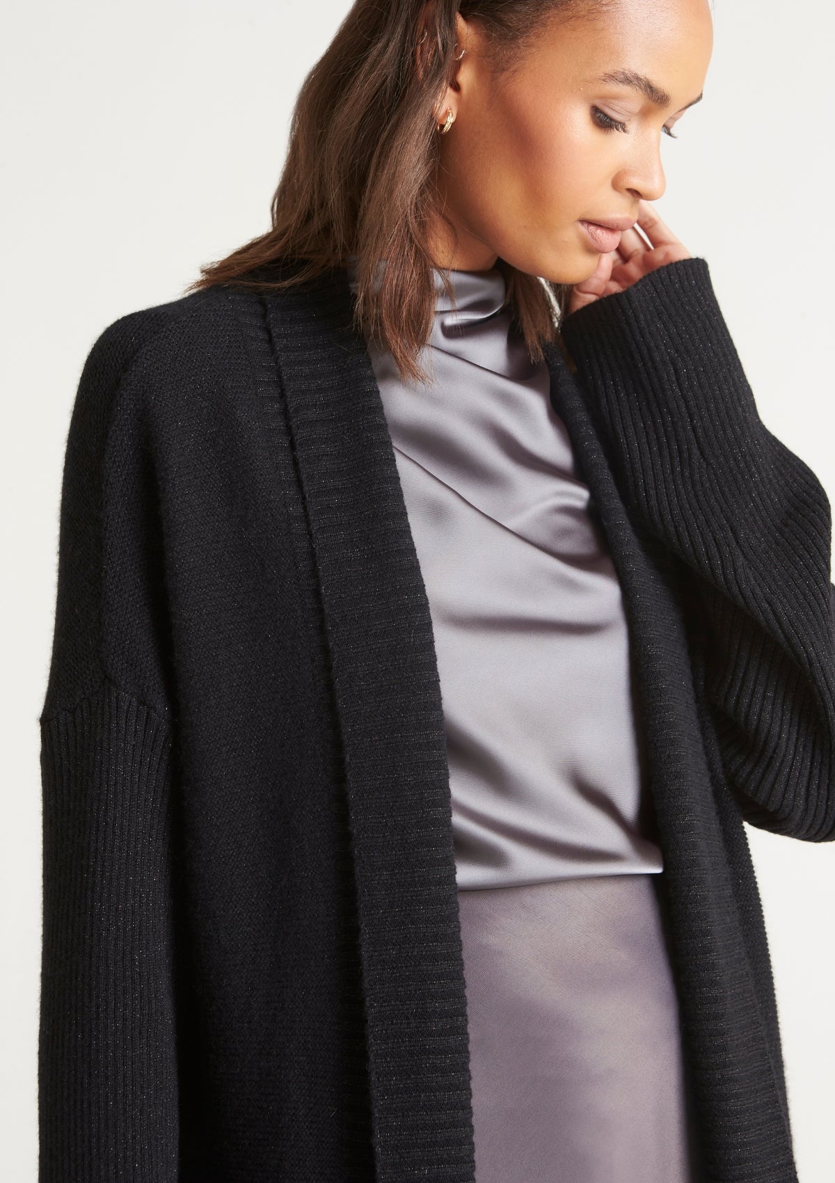 Cashmere Edge To Edge Cardigan in Black Sparkle - loopcashmere.co.uk