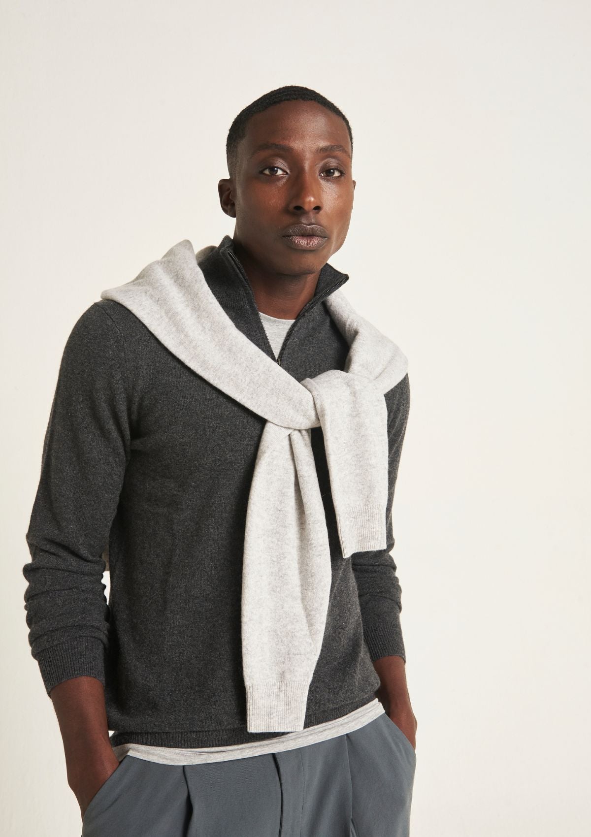 Mens Cashmere Half Zip Sweater in Flannel Grey