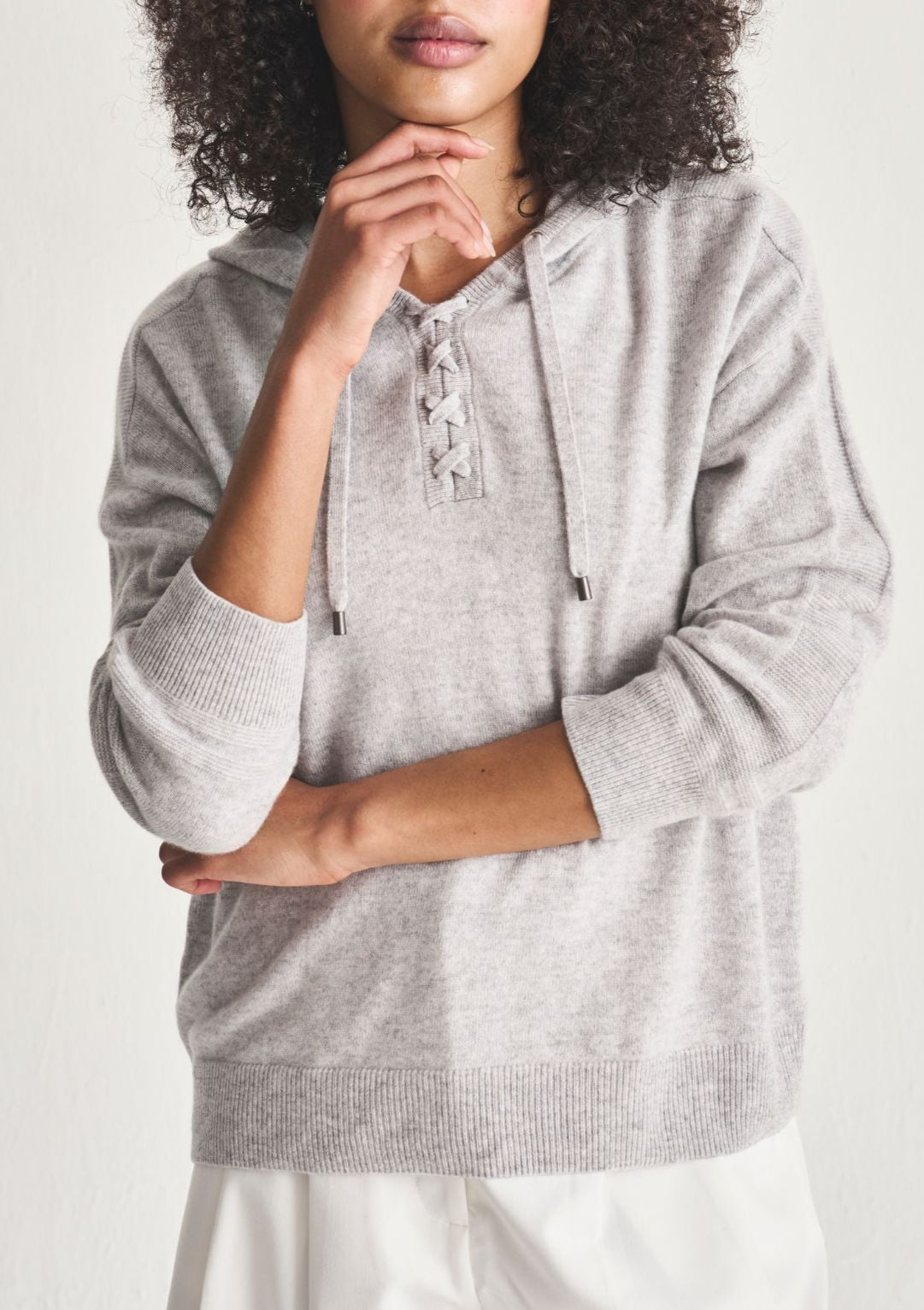 Cashmere Lace Neck Hoodie in Foggy Grey