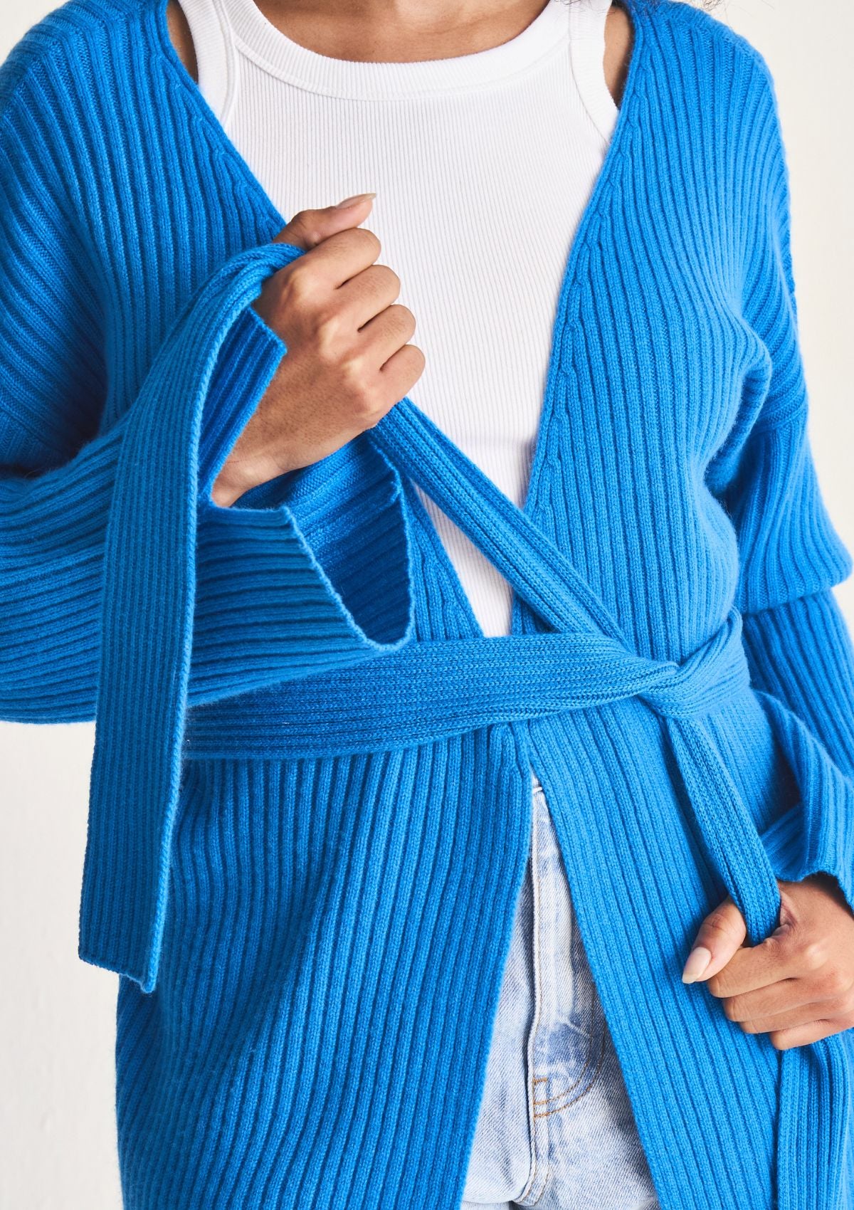 Longline Cashmere Belted Cardigan in Jetstream Blue loopcashmere