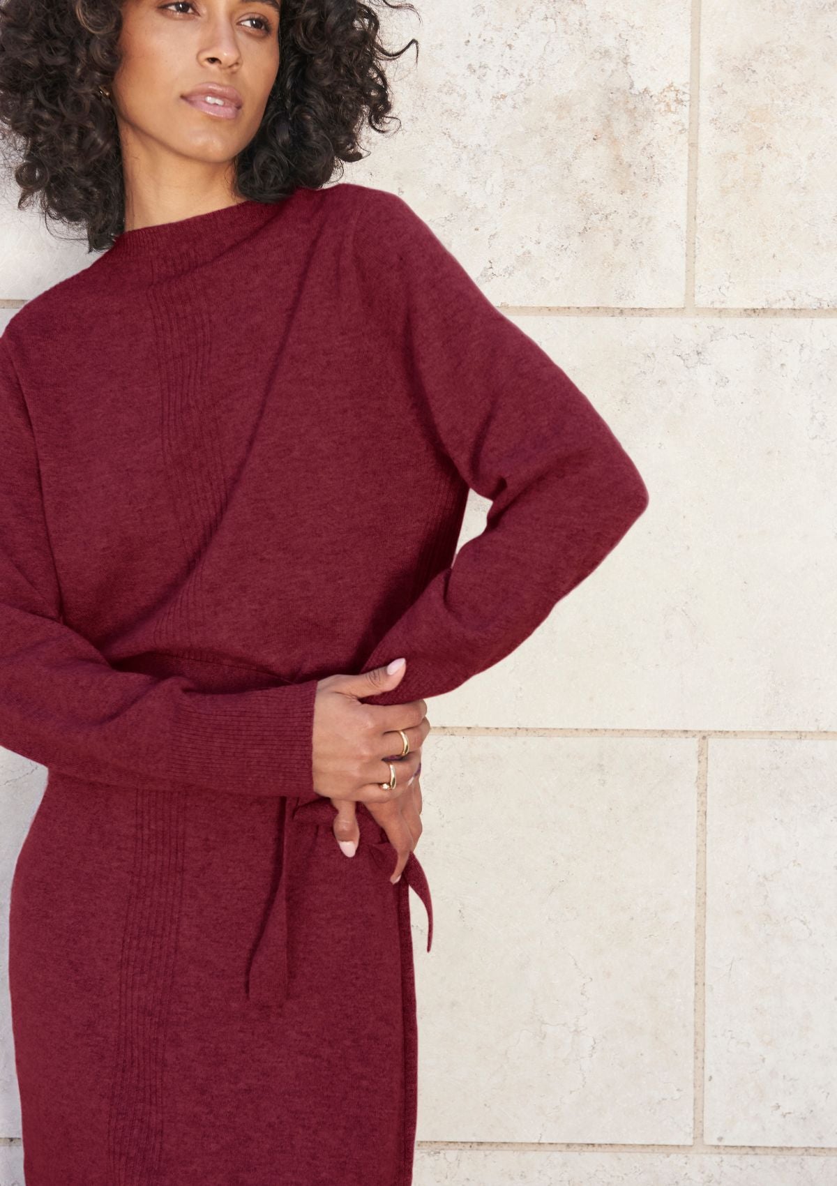 Relaxed Belted Cashmere Dress in Plum Red