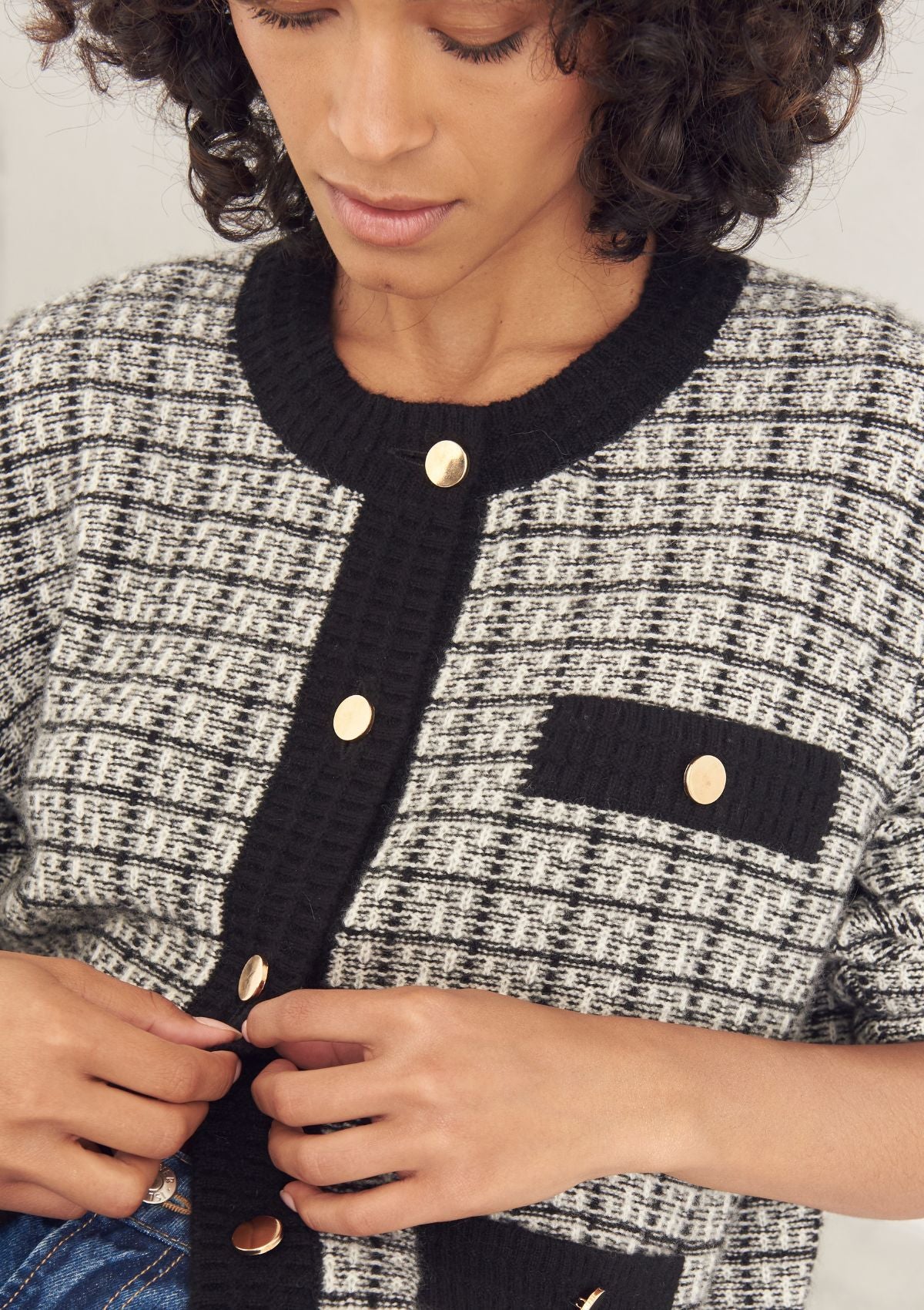 Textured Cashmere Crew Jacket in Black Check