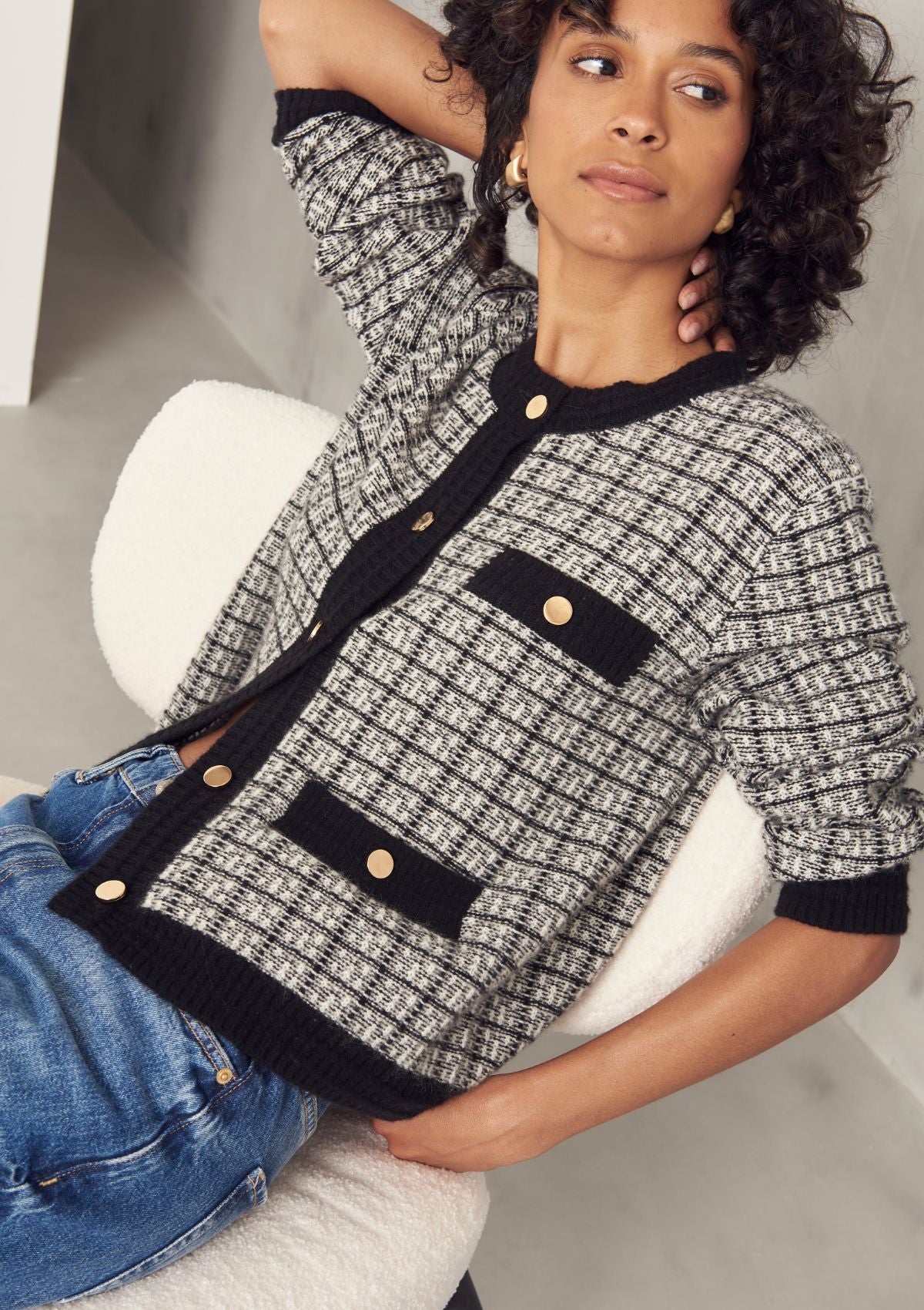 Textured Cashmere Crew Jacket in Black Check