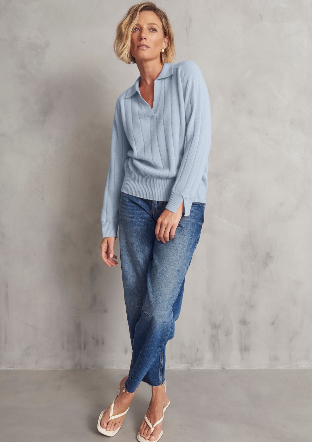 Cashmere Ribbed Collared Sweater in Sky Blue