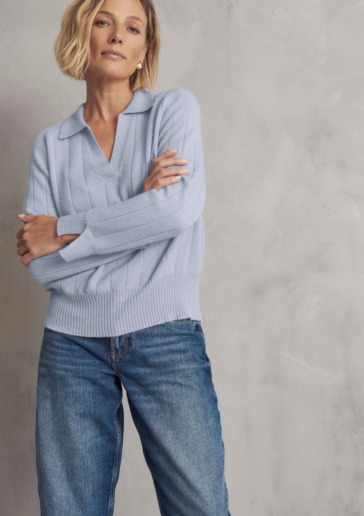 Cashmere Ribbed Collared Sweater in Sky Blue