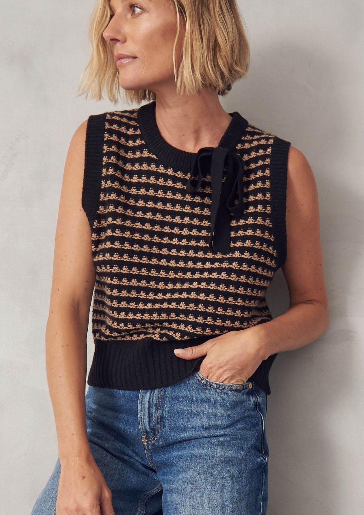 Textured Tie Detail Top in Black Texture