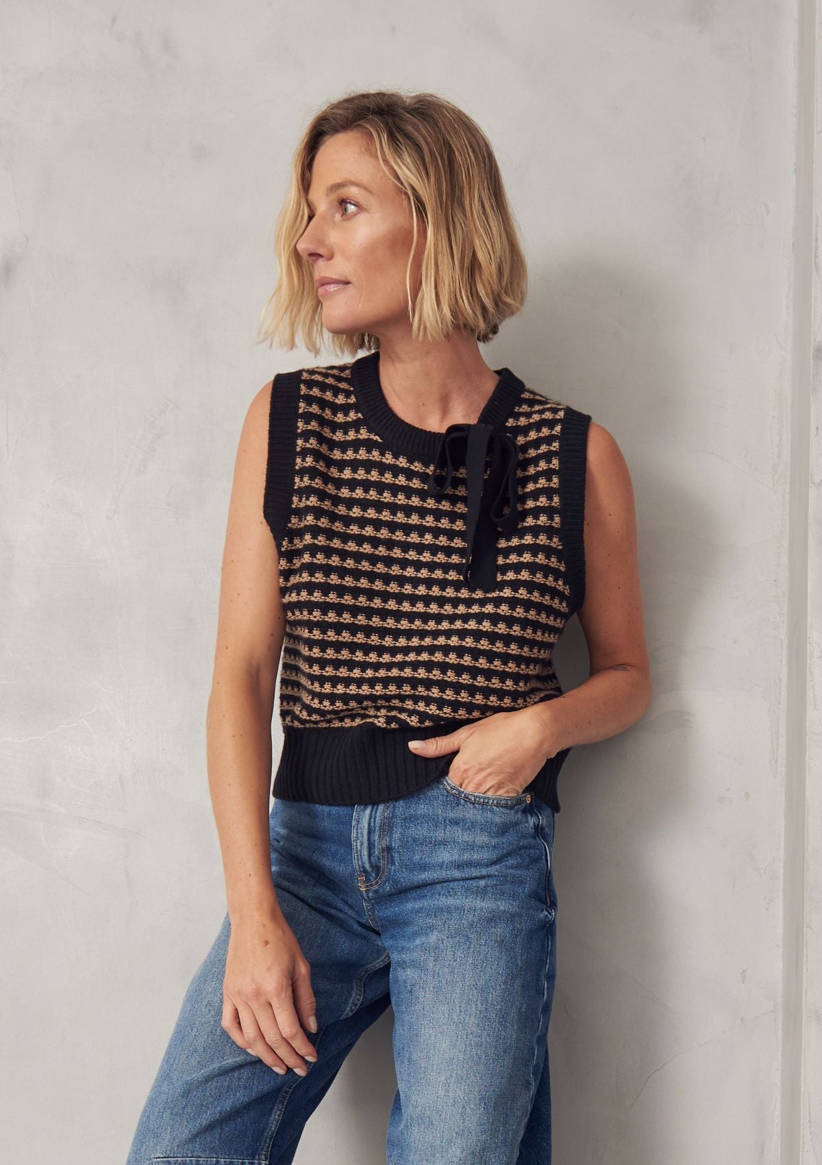 Textured Tie Detail Top in Black Texture