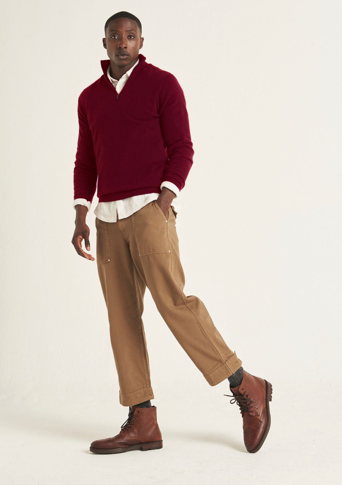 Mens Cashmere Half Zip Sweater in Plum Red