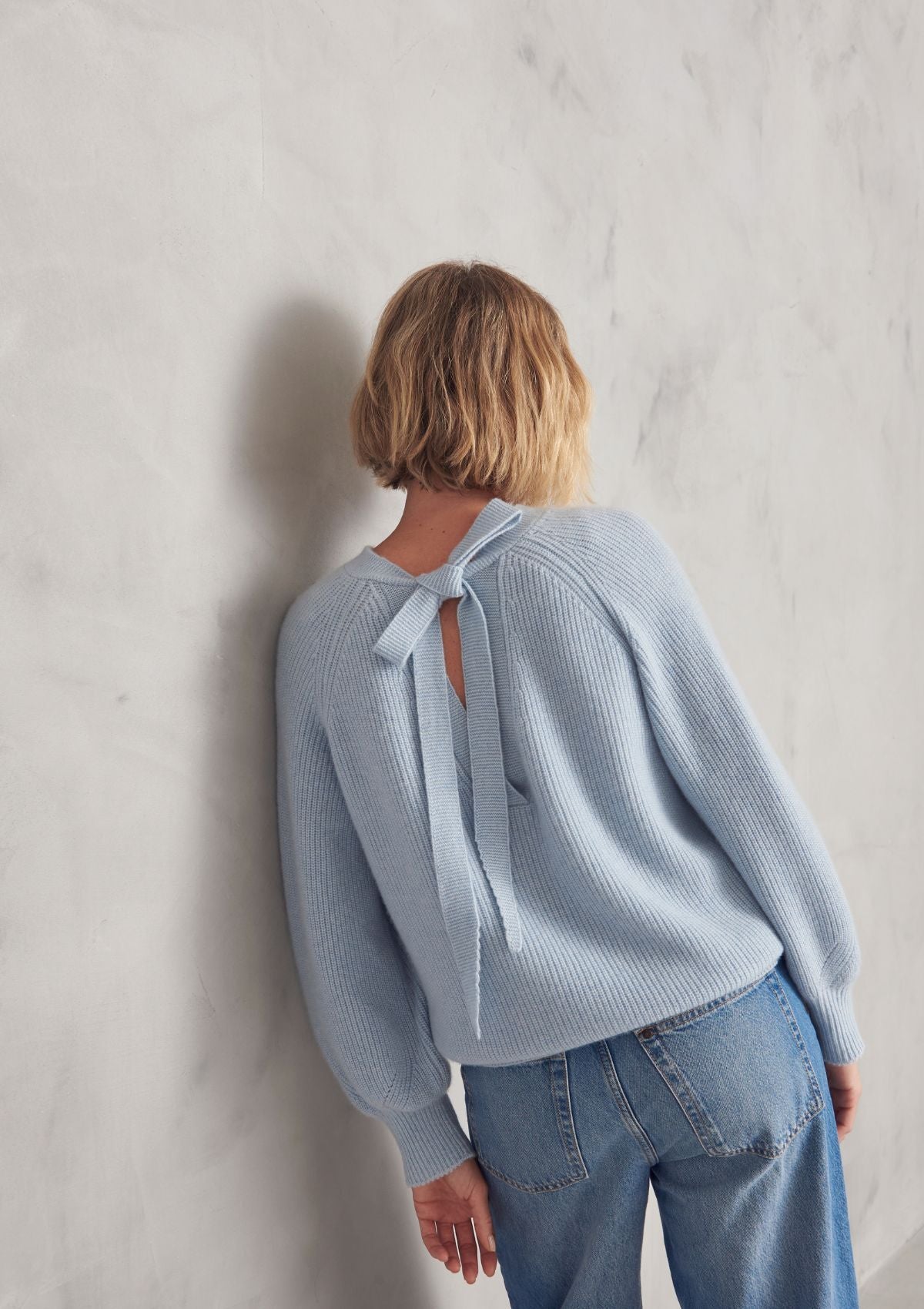Cashmere Tie Back Sweater in Sky Blue Loop Cashmere
