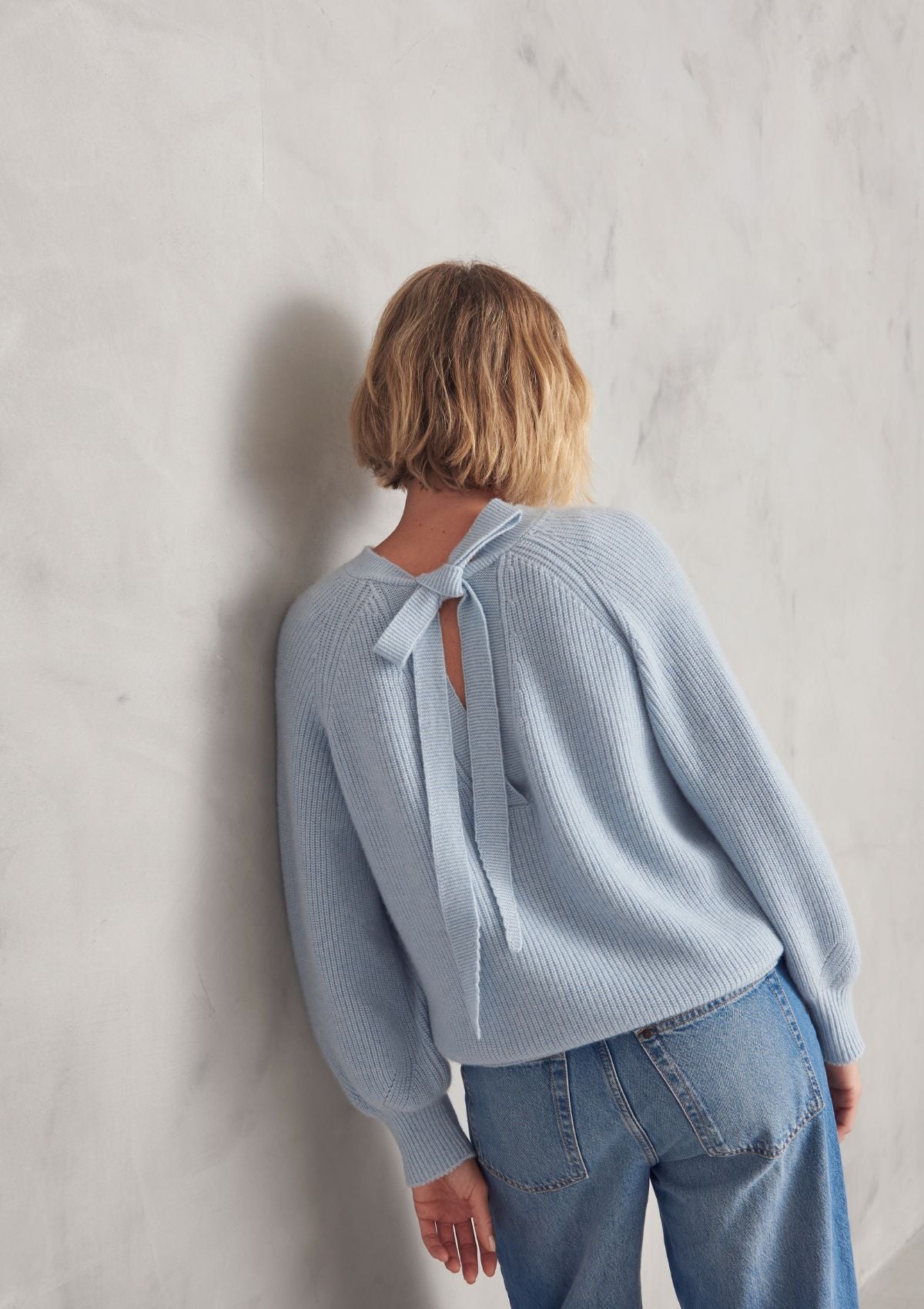 Cashmere Tie Back Sweater in Sky Blue