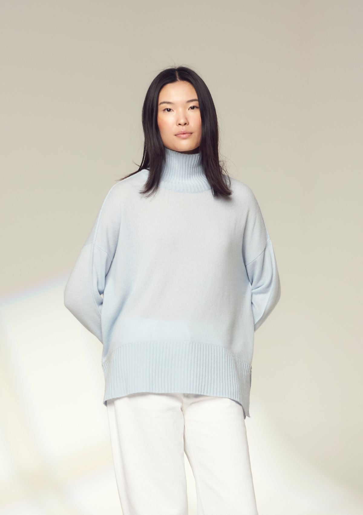 Oversized Cashmere Polo Neck Sweater in Whisper Blue