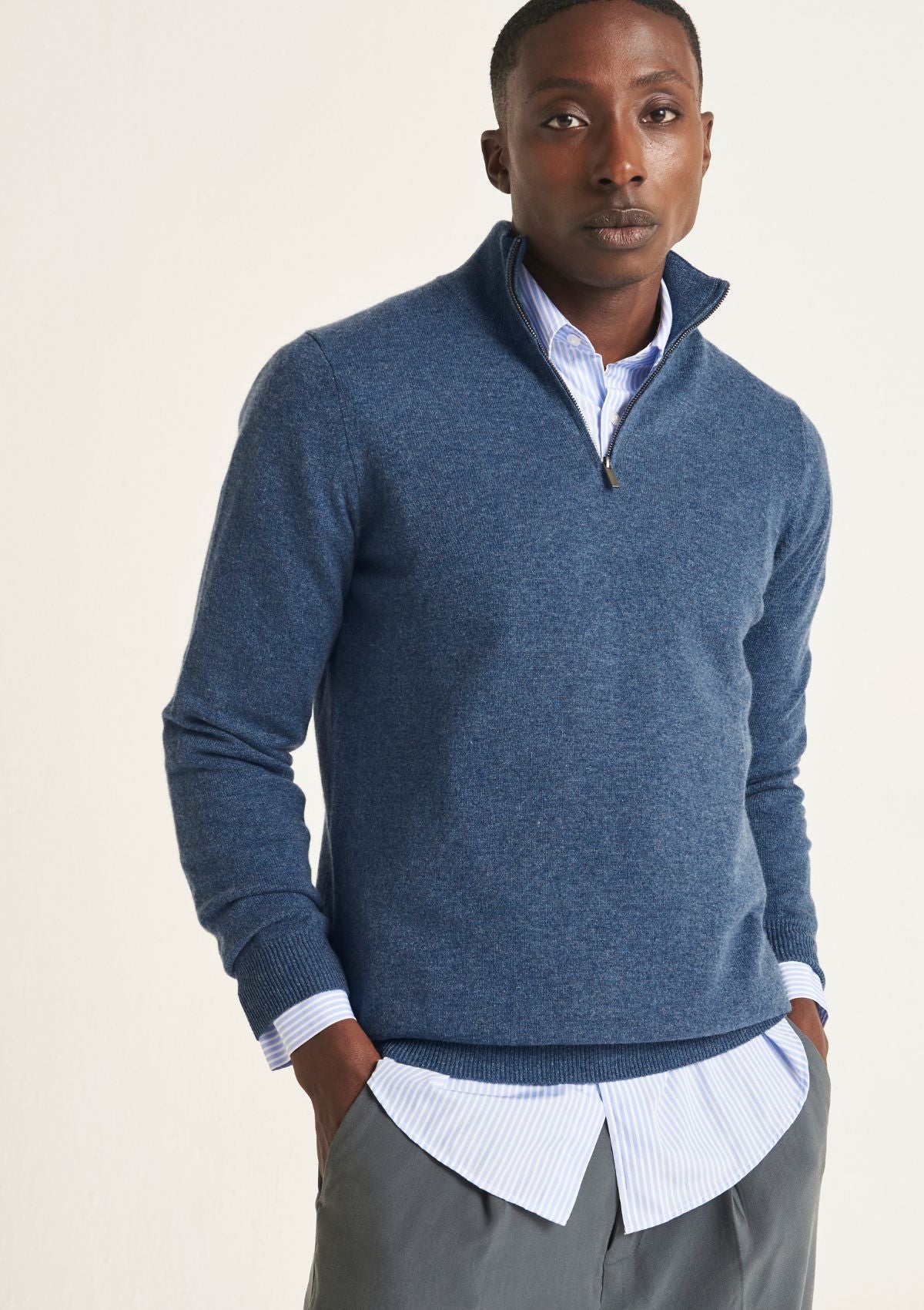 Mens Cashmere Half Zip Sweater in Bay Blue