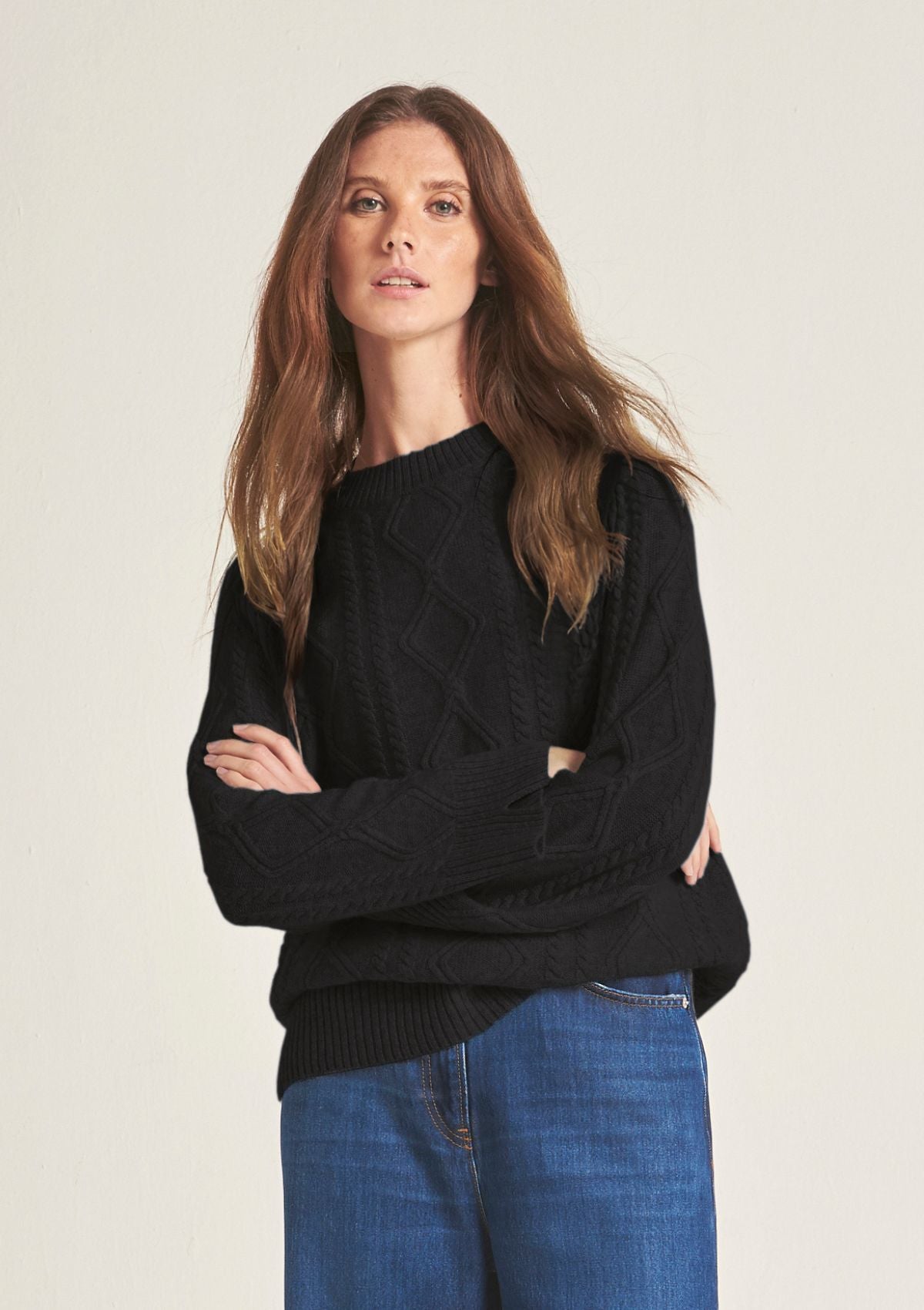 Cashmere Cable Crew Neck Sweater in Jet Black