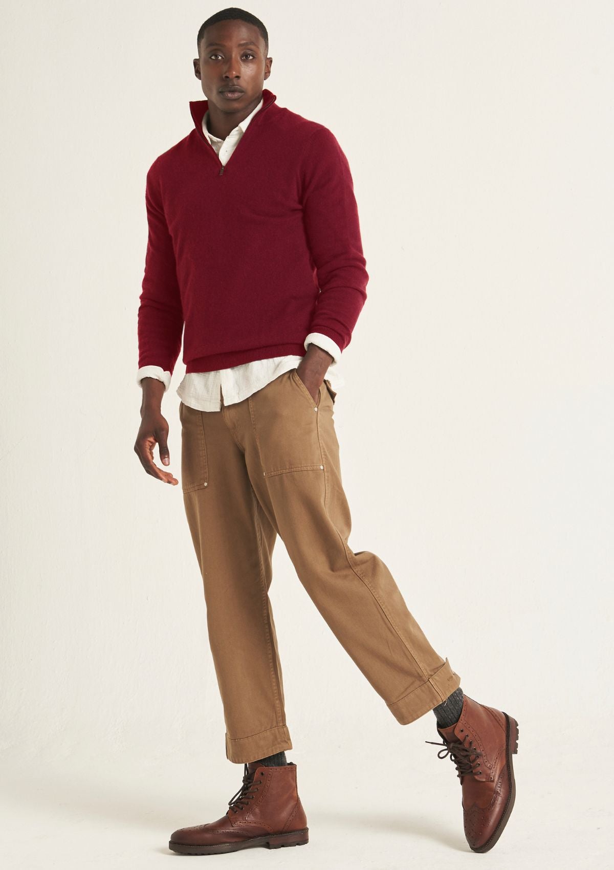 Mens Cashmere Half Zip Sweater in Plum Red