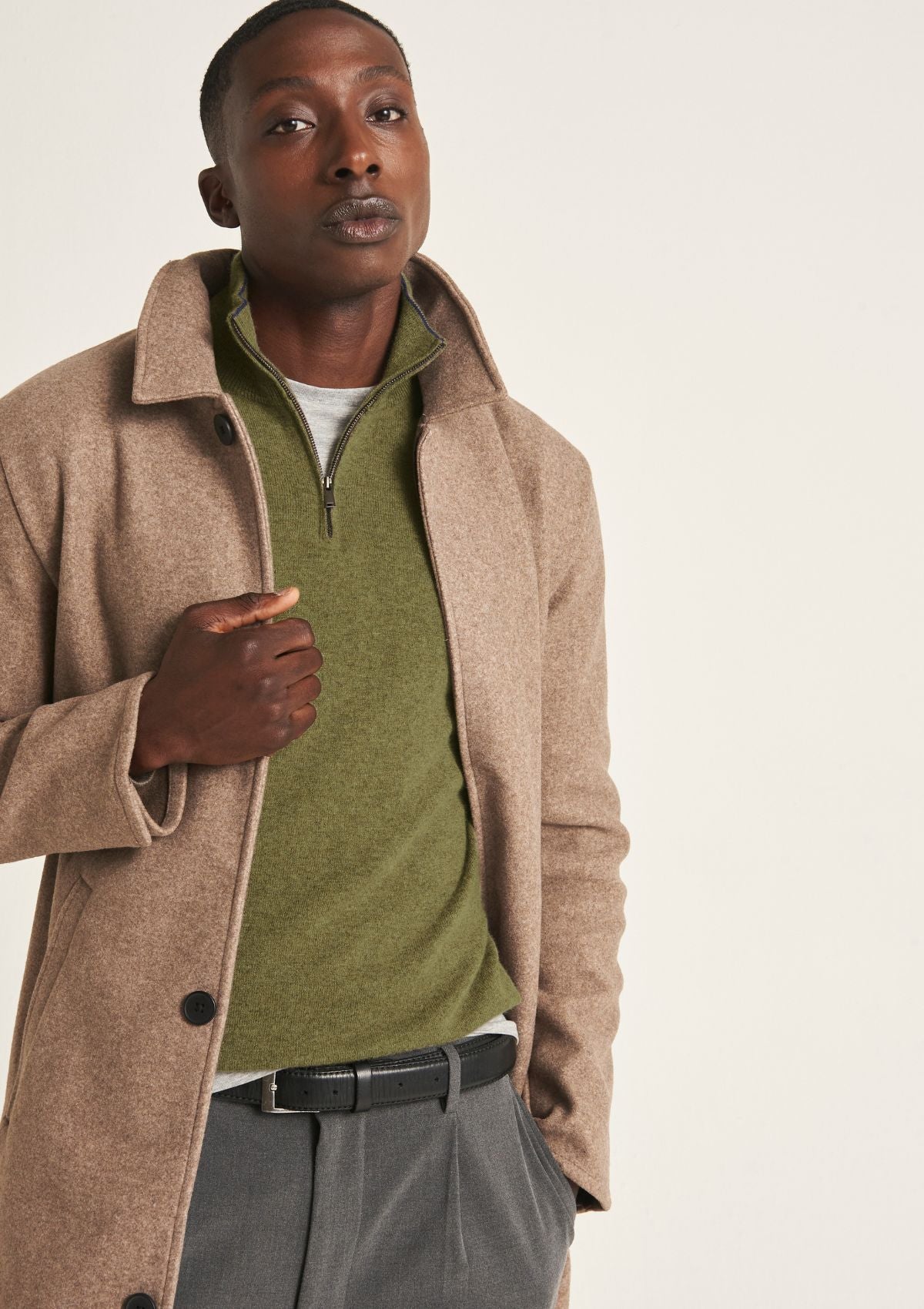 Mens Cashmere Half Zip Sweater in Bayleaf Green