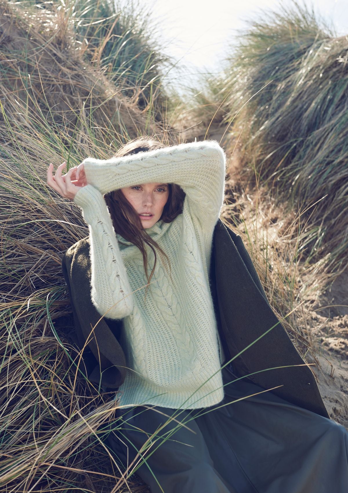 Silk Cashmere Cable Polo Neck Sweater in Pistachio Green