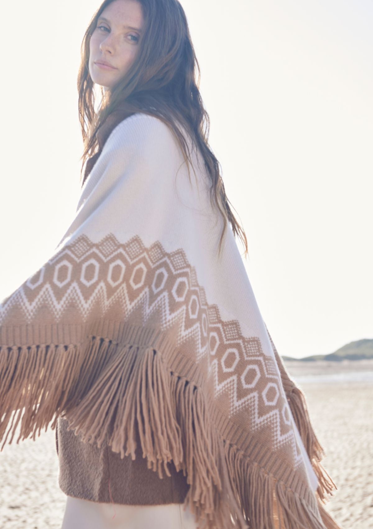 Fringed Cashmere Fair Isle Poncho in Praline/Chalk