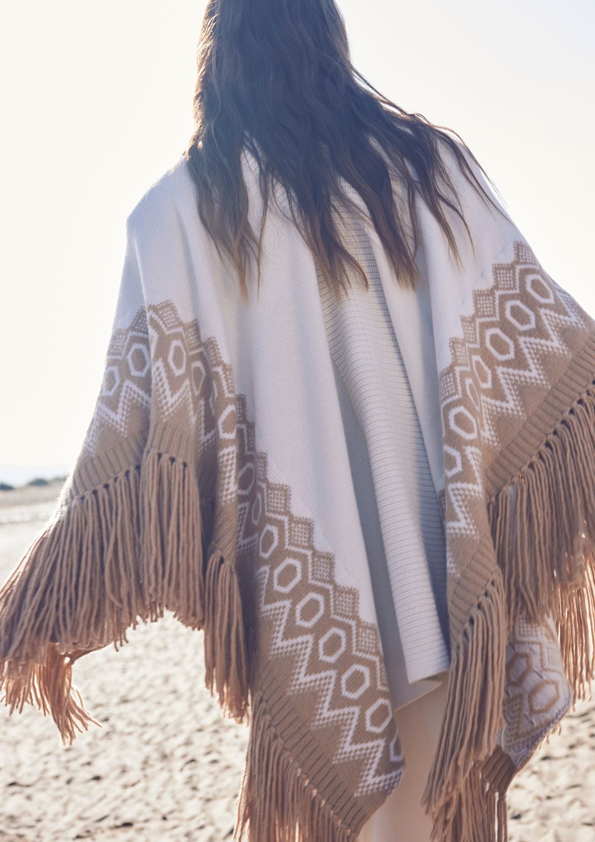 Fringed Cashmere Fair Isle Poncho in Praline/Chalk