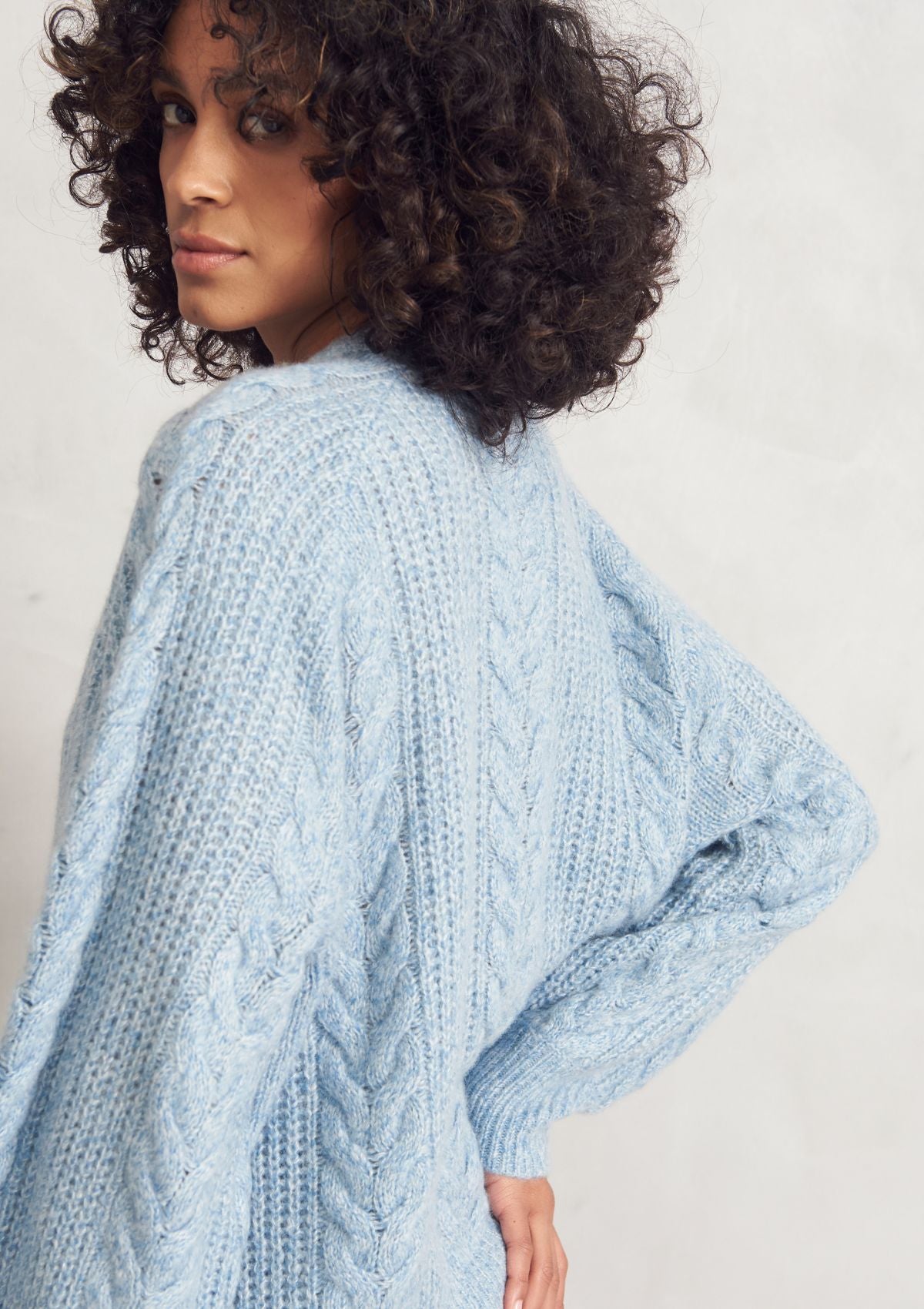 Silk Cashmere Blend Cable Cardigan in Vintage Blue