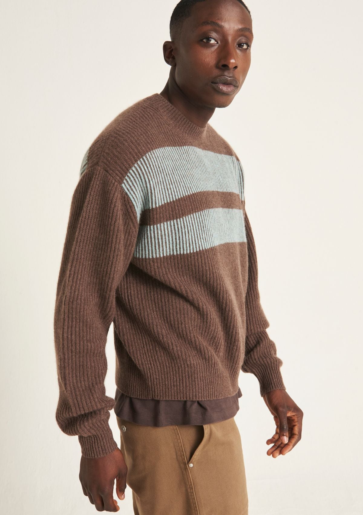 Mens Cashmere Ribbed Crew Neck Sweater in Cedar Brown