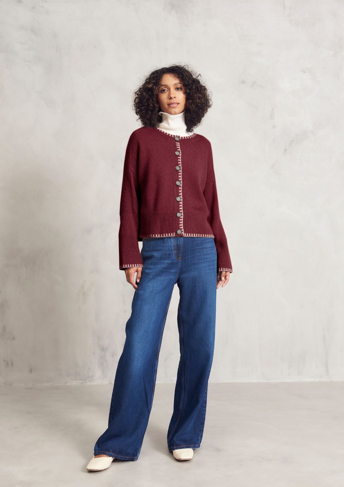 Cashmere Blanket Stitch Cardigan in Barolo Red