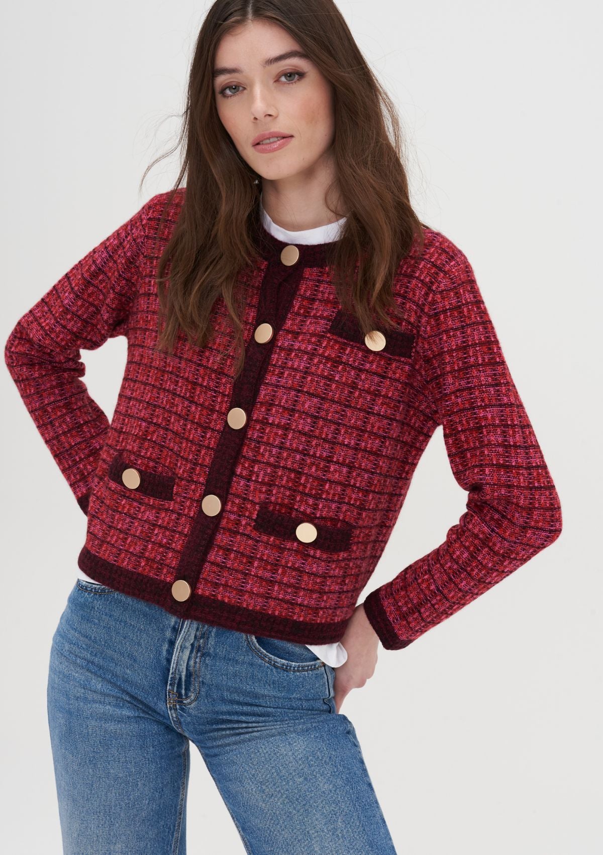 Textured Cashmere Crew Jacket in Pink Check