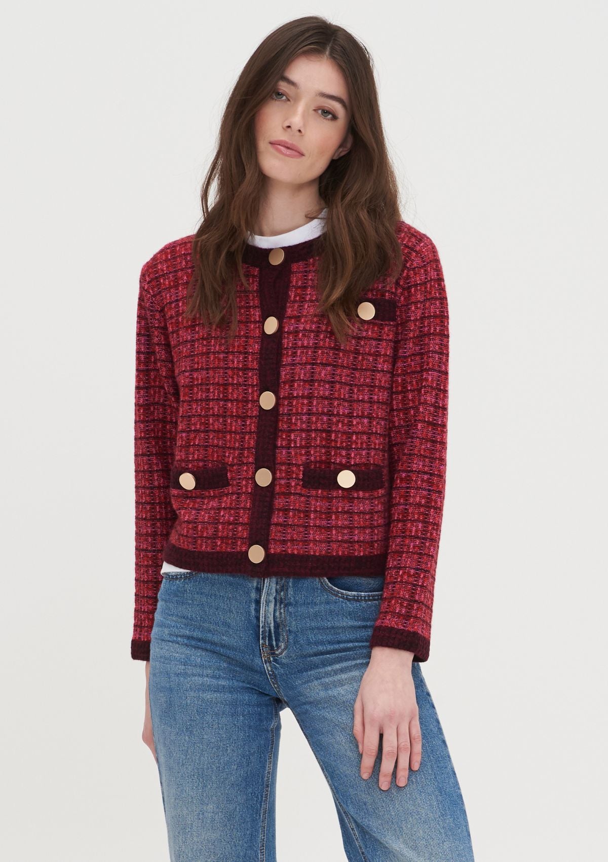 Textured Cashmere Crew Jacket in Pink Check