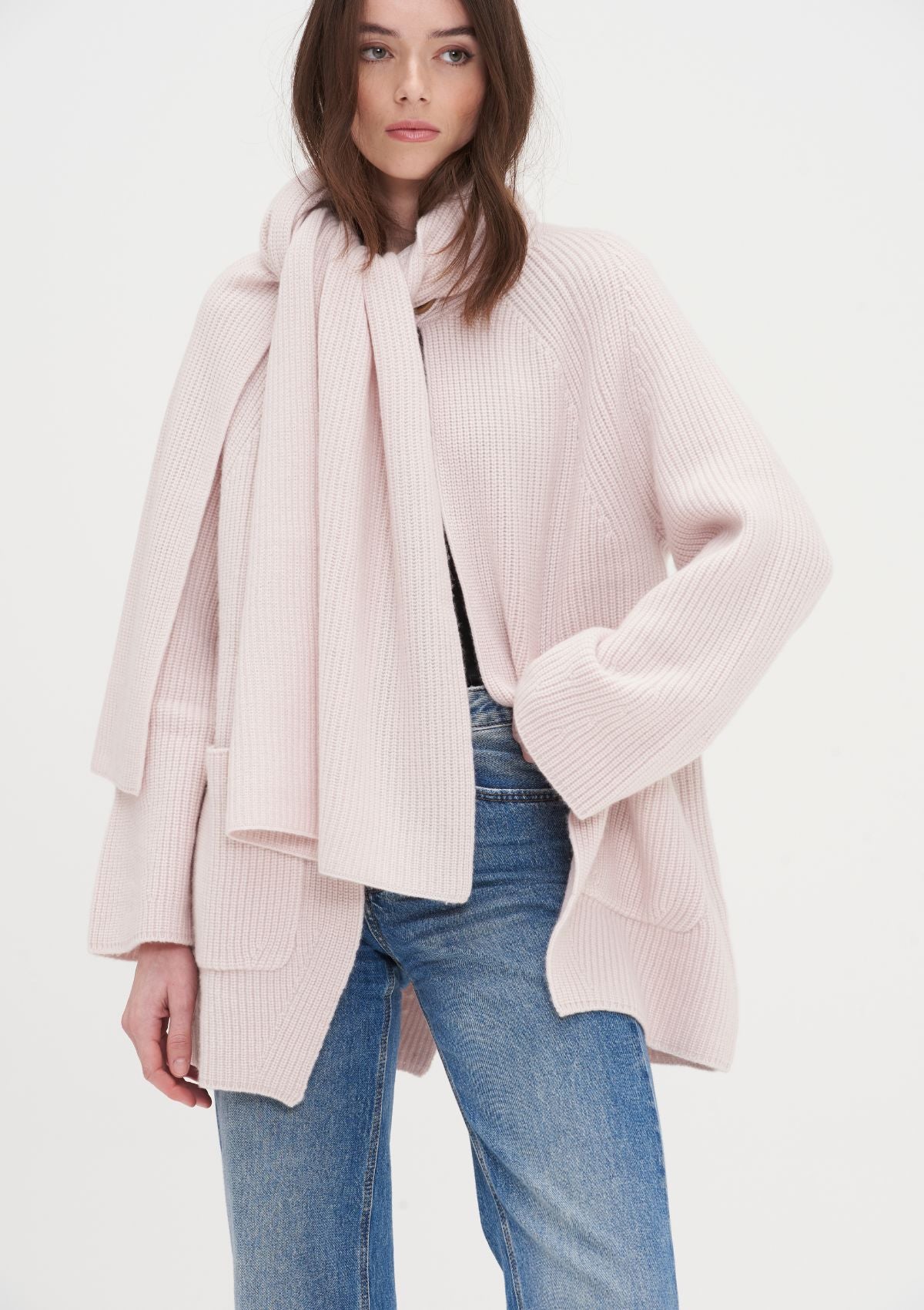 Ribbed Cashmere Coat with Detachable Scarf in Ballet Pink