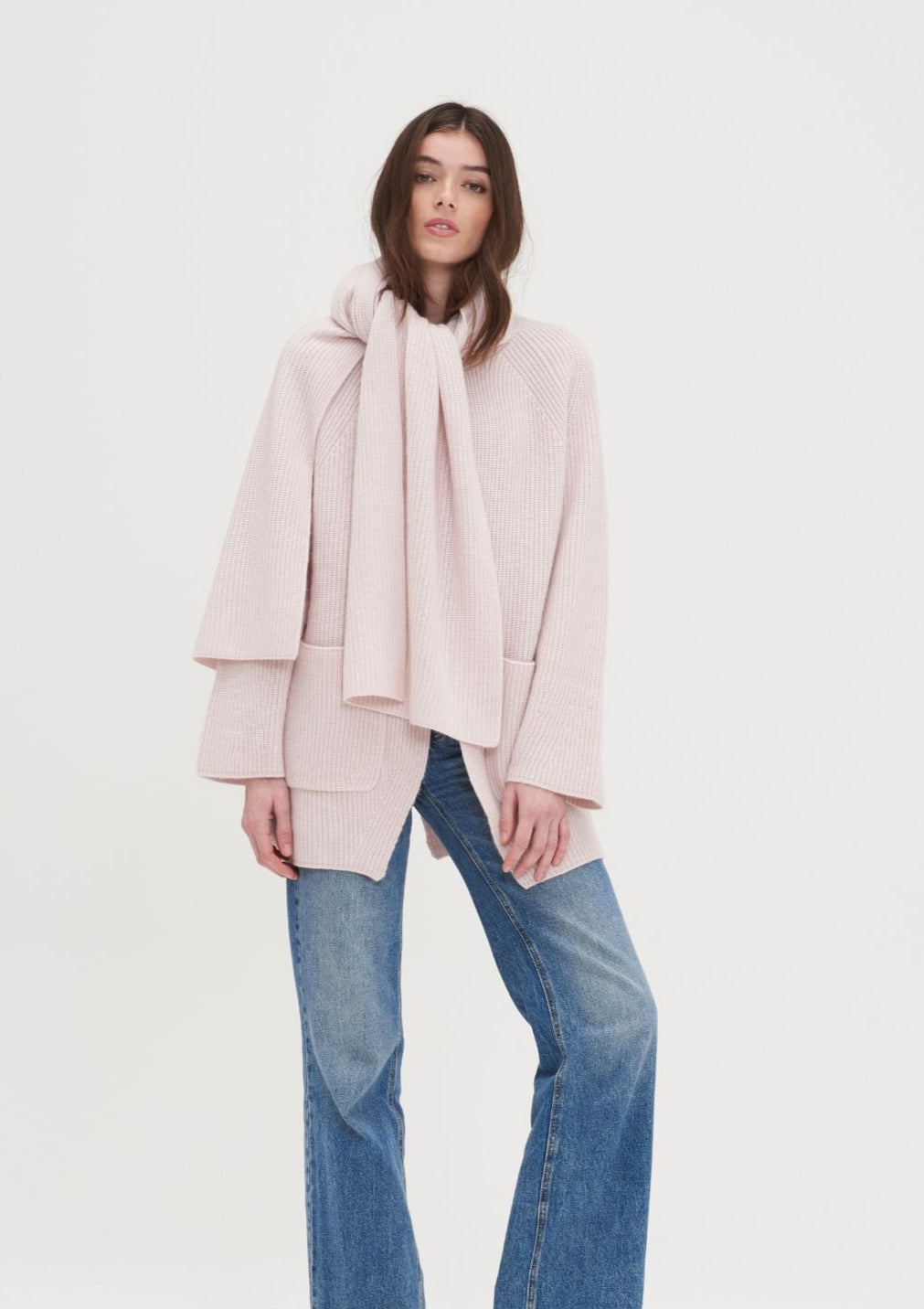 Ribbed Cashmere Coat with Detachable Scarf in Ballet Pink