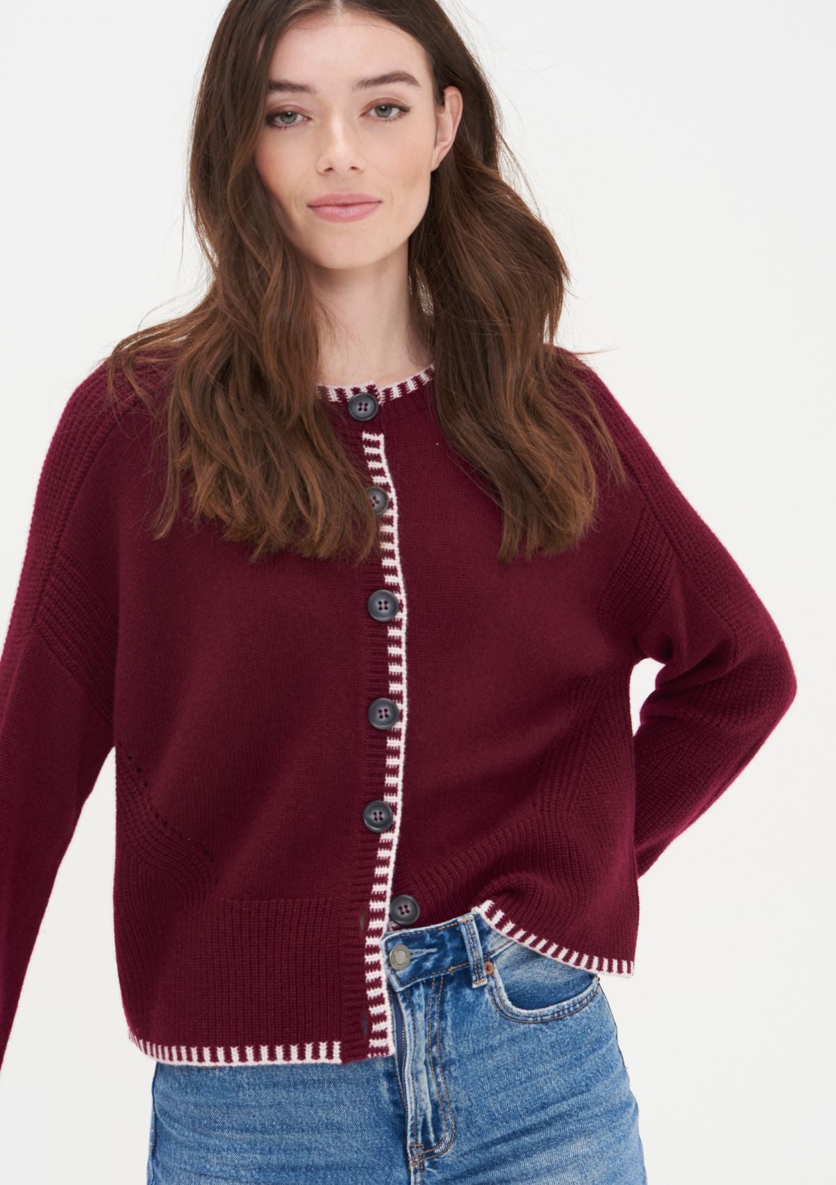 Cashmere Blanket Stitch Cardigan in Barolo Red