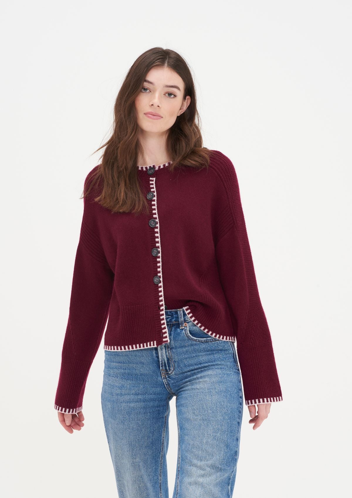 Cashmere Blanket Stitch Cardigan in Barolo Red