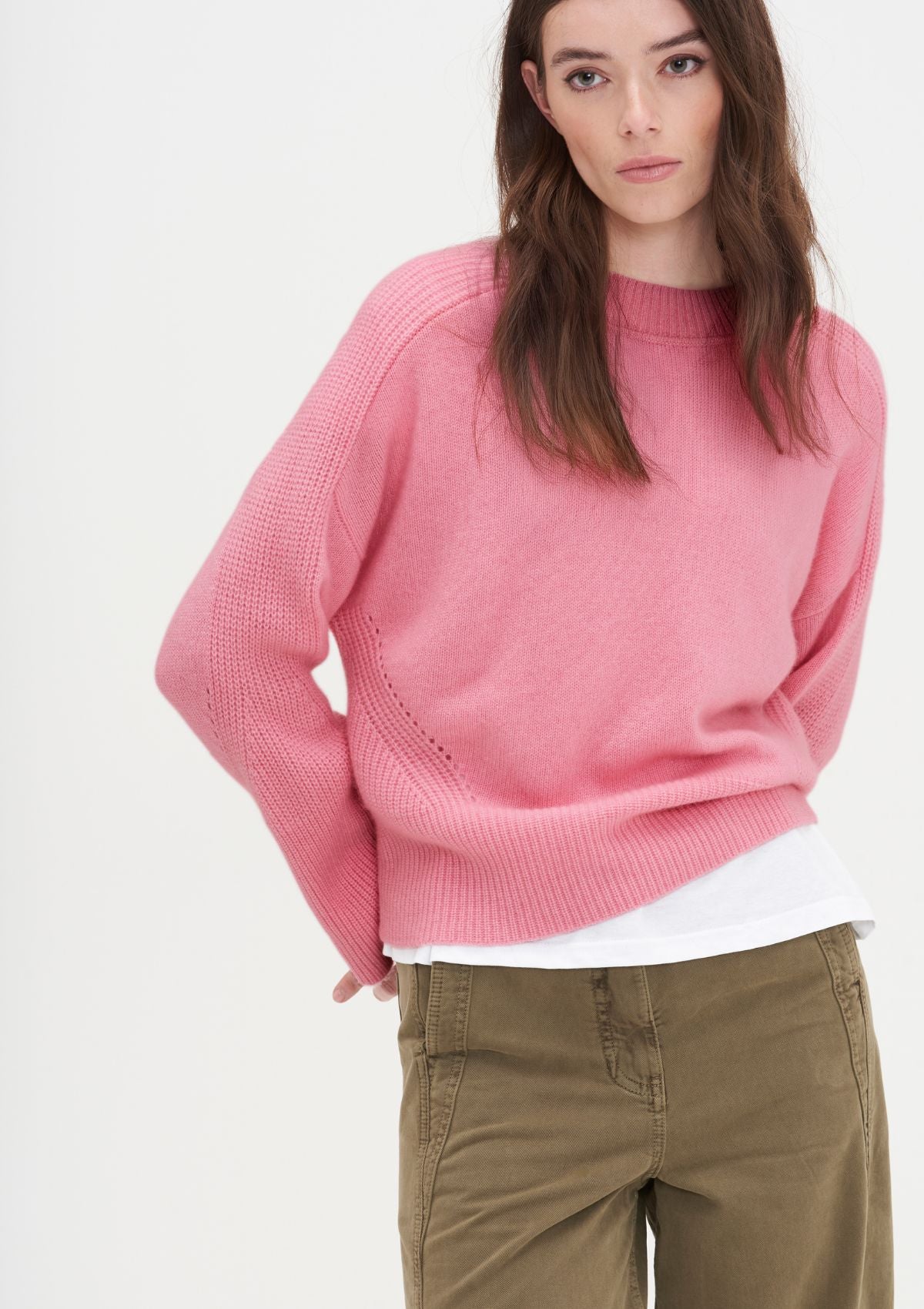 Ribbed Detail Lofty Crew Sweatshirt in Strawberry Pink