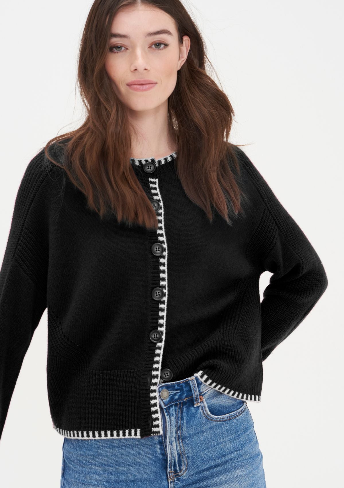 Cashmere Blanket Stitch Cardigan in  Jet Black