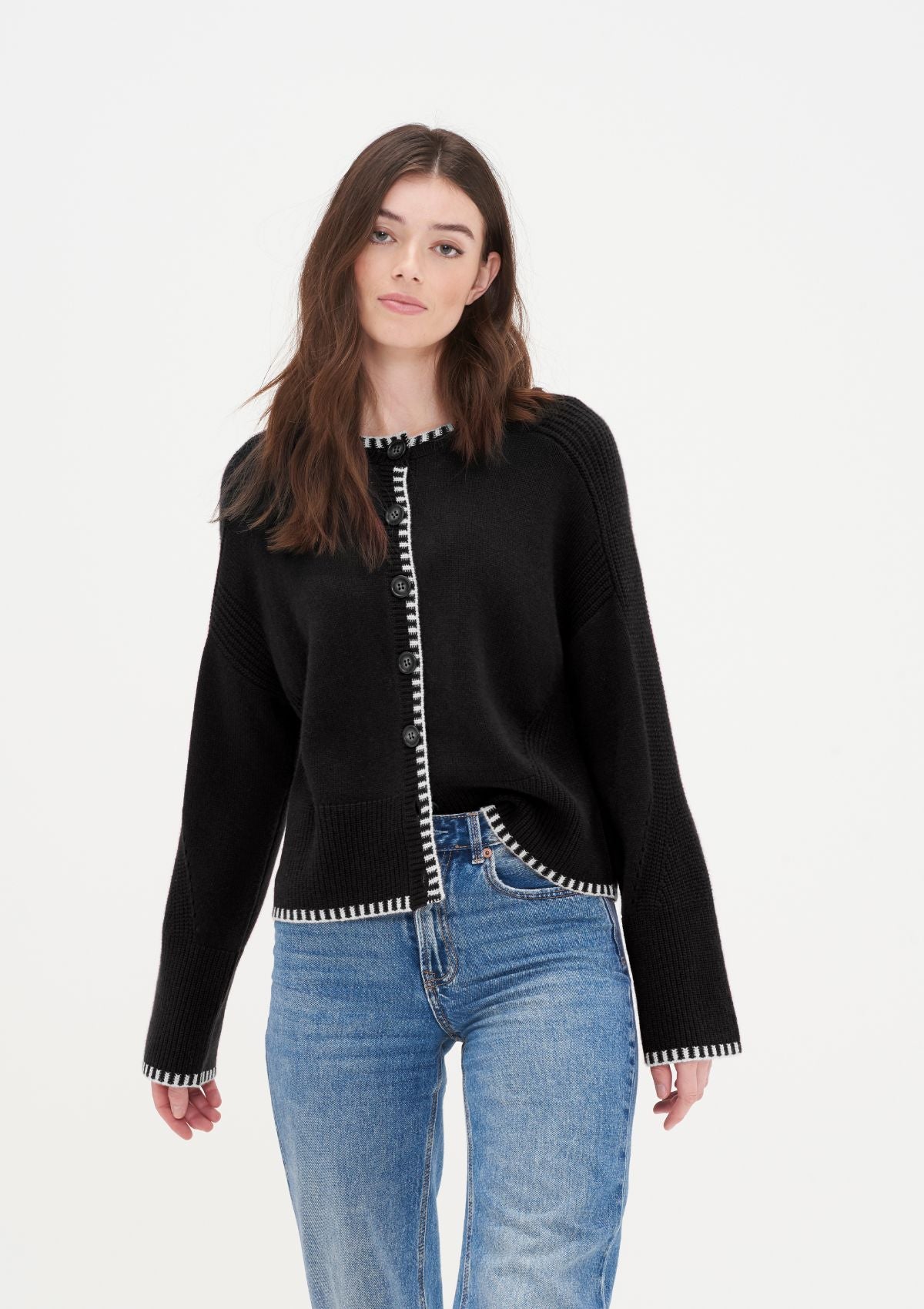 Cashmere Blanket Stitch Cardigan in  Jet Black