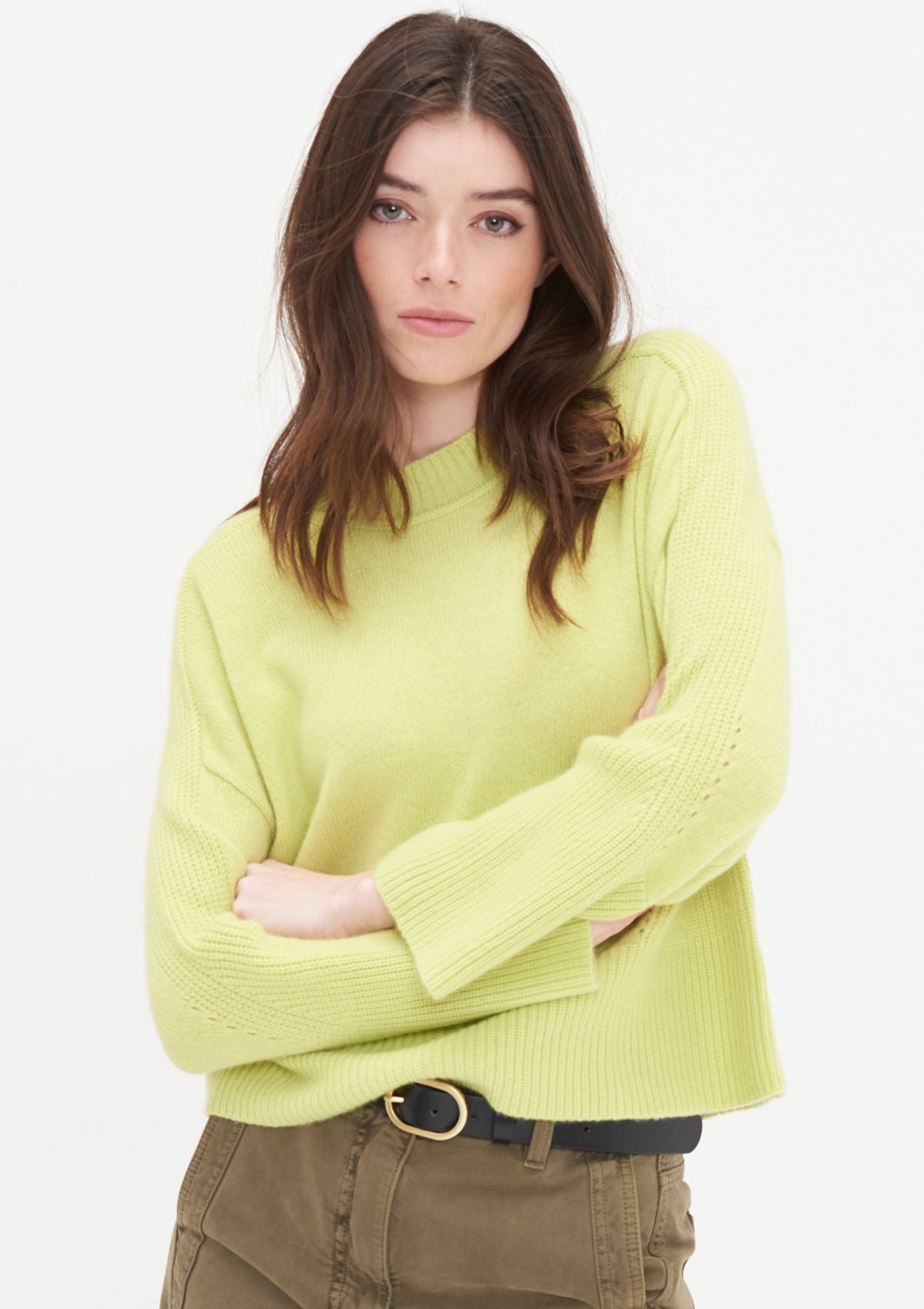 Ribbed Detail Lofty Crew Sweatshirt in Lime Green