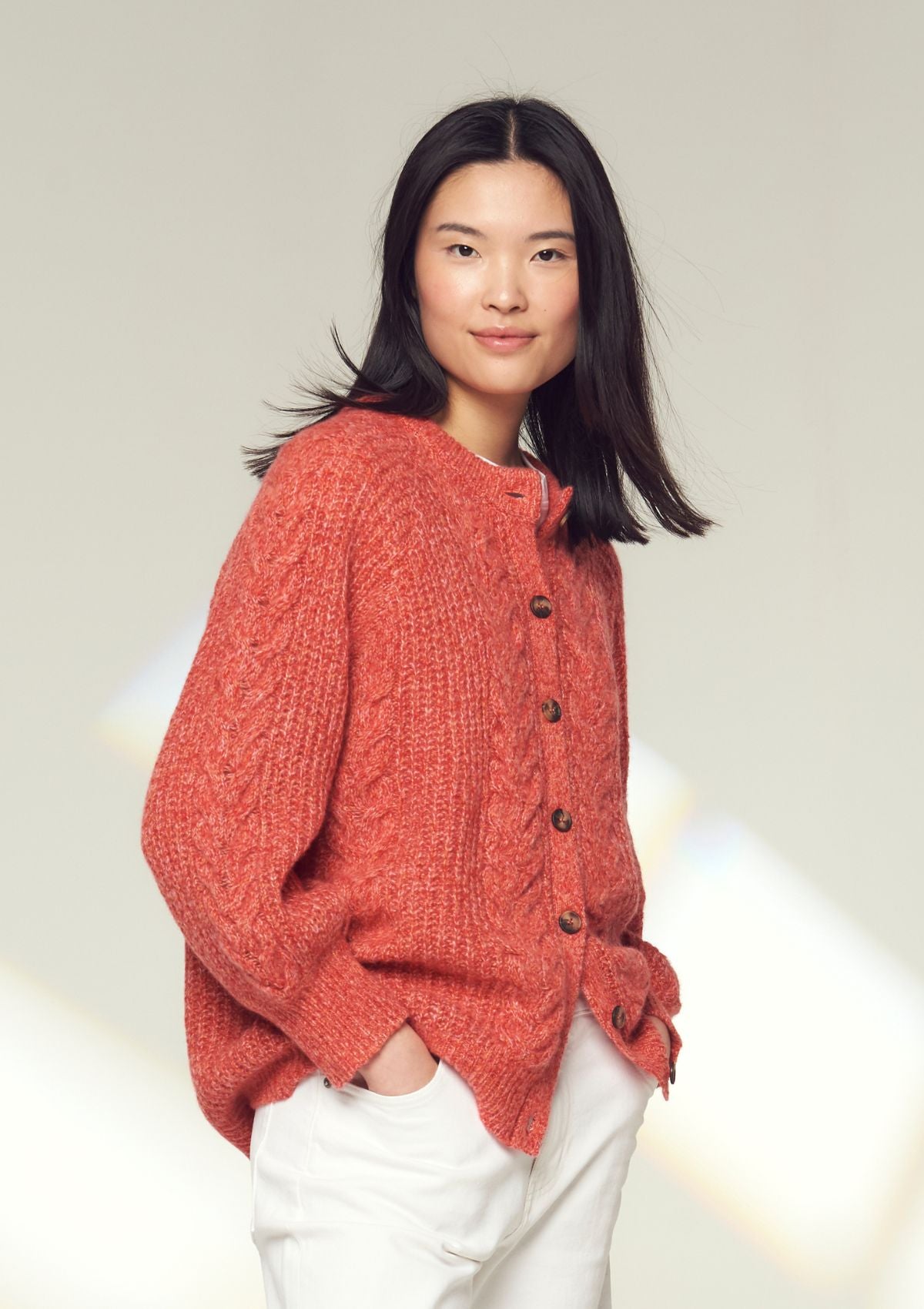 Silk Cashmere Blend Cable Cardigan in Geranium Red