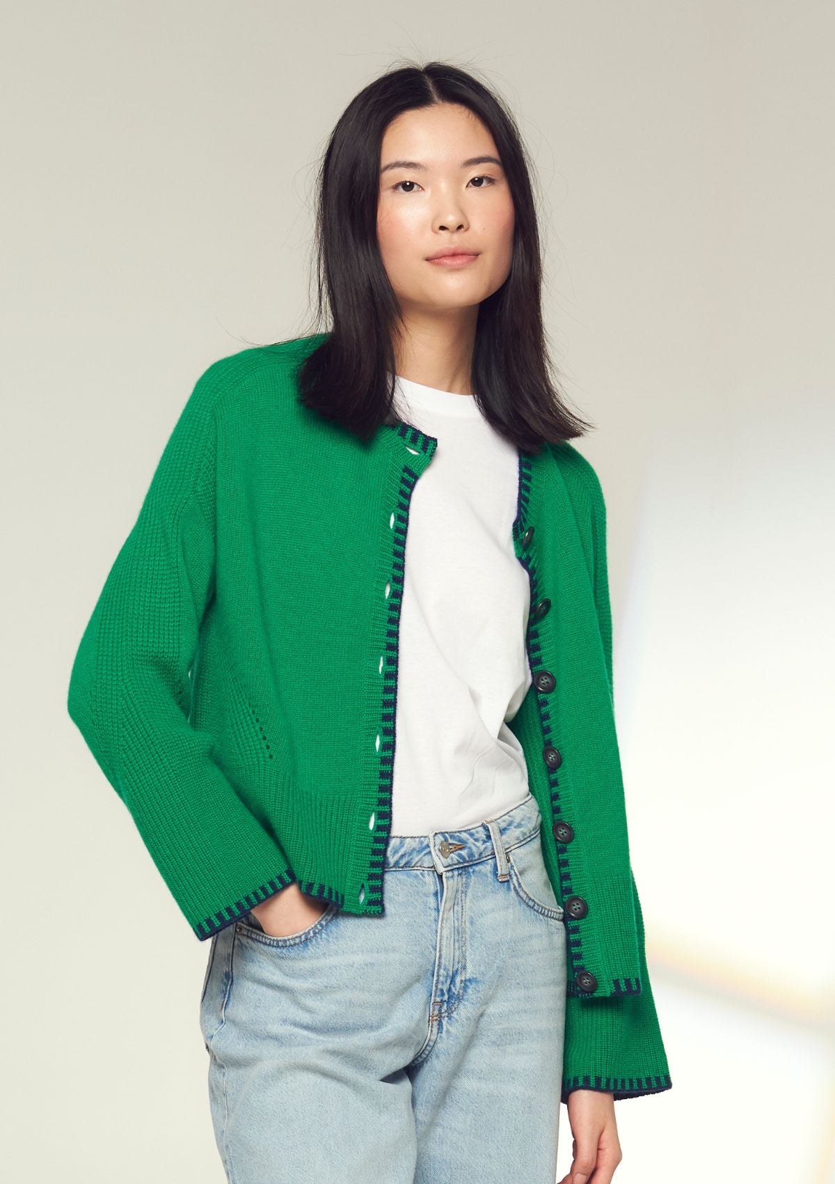 Cashmere Blanket Stitch Cardigan in Billiard Green