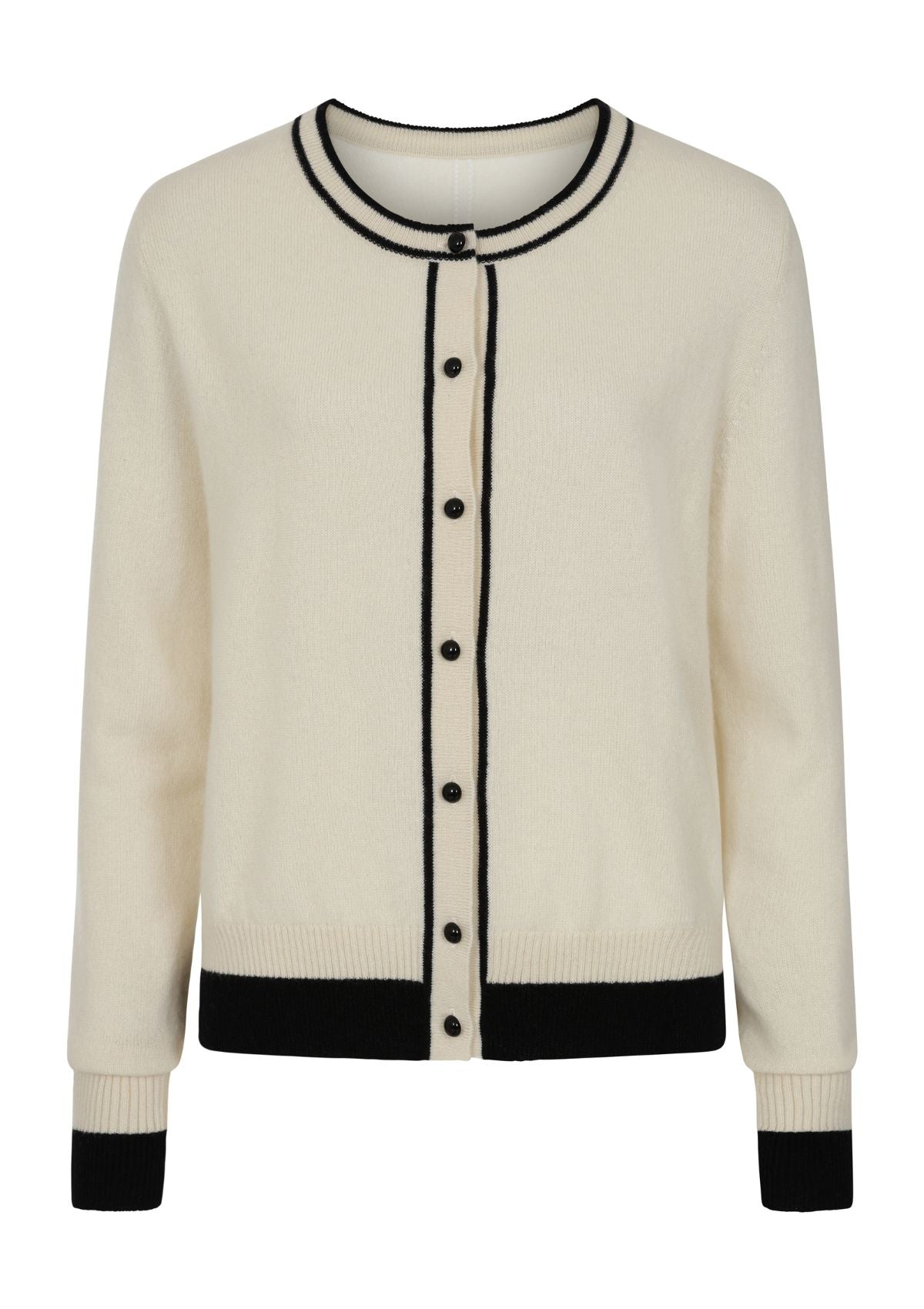 Crew Neck Cashmere Cardigan in Chalk/Black