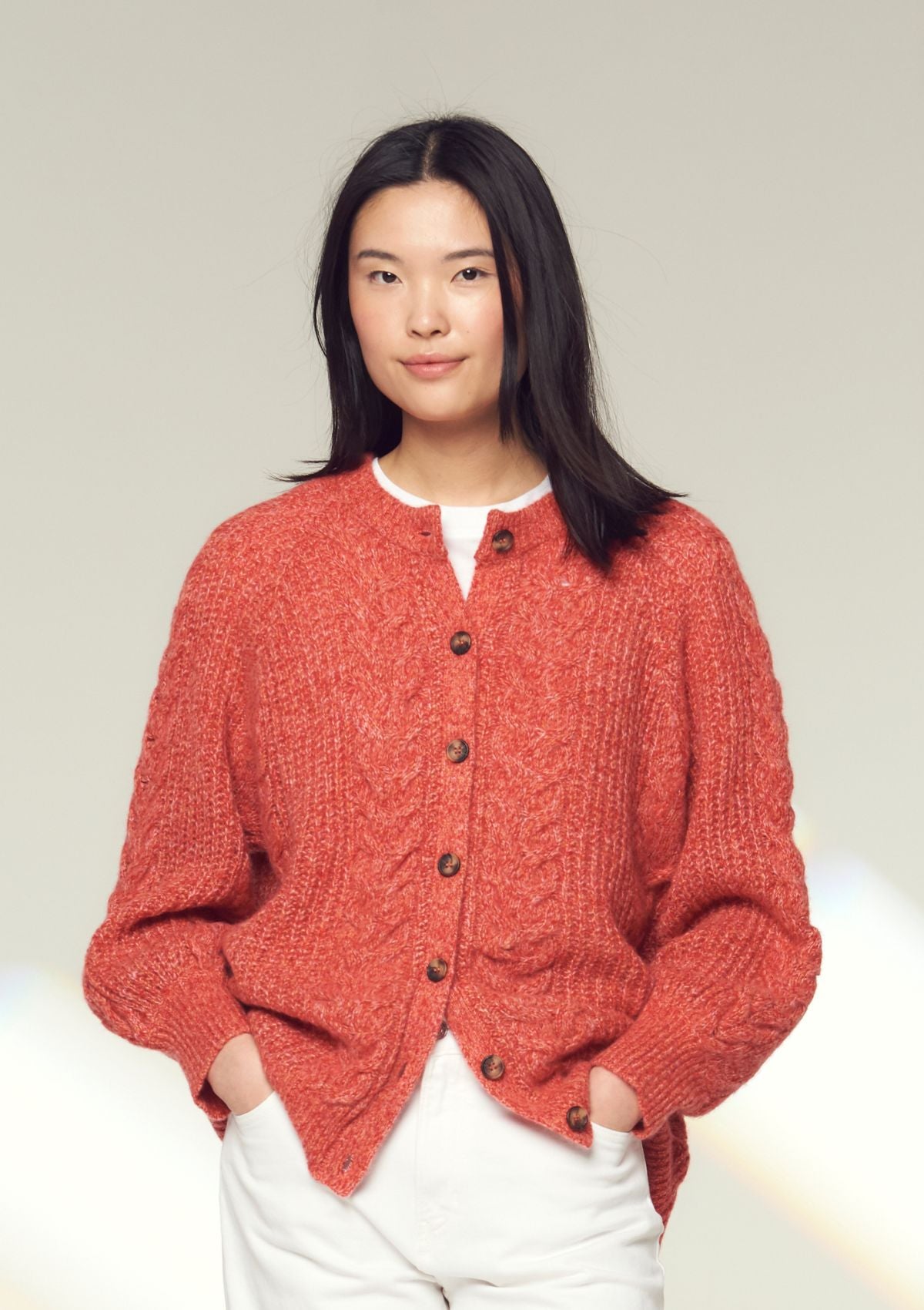 Silk Cashmere Blend Cable Cardigan in Geranium Red