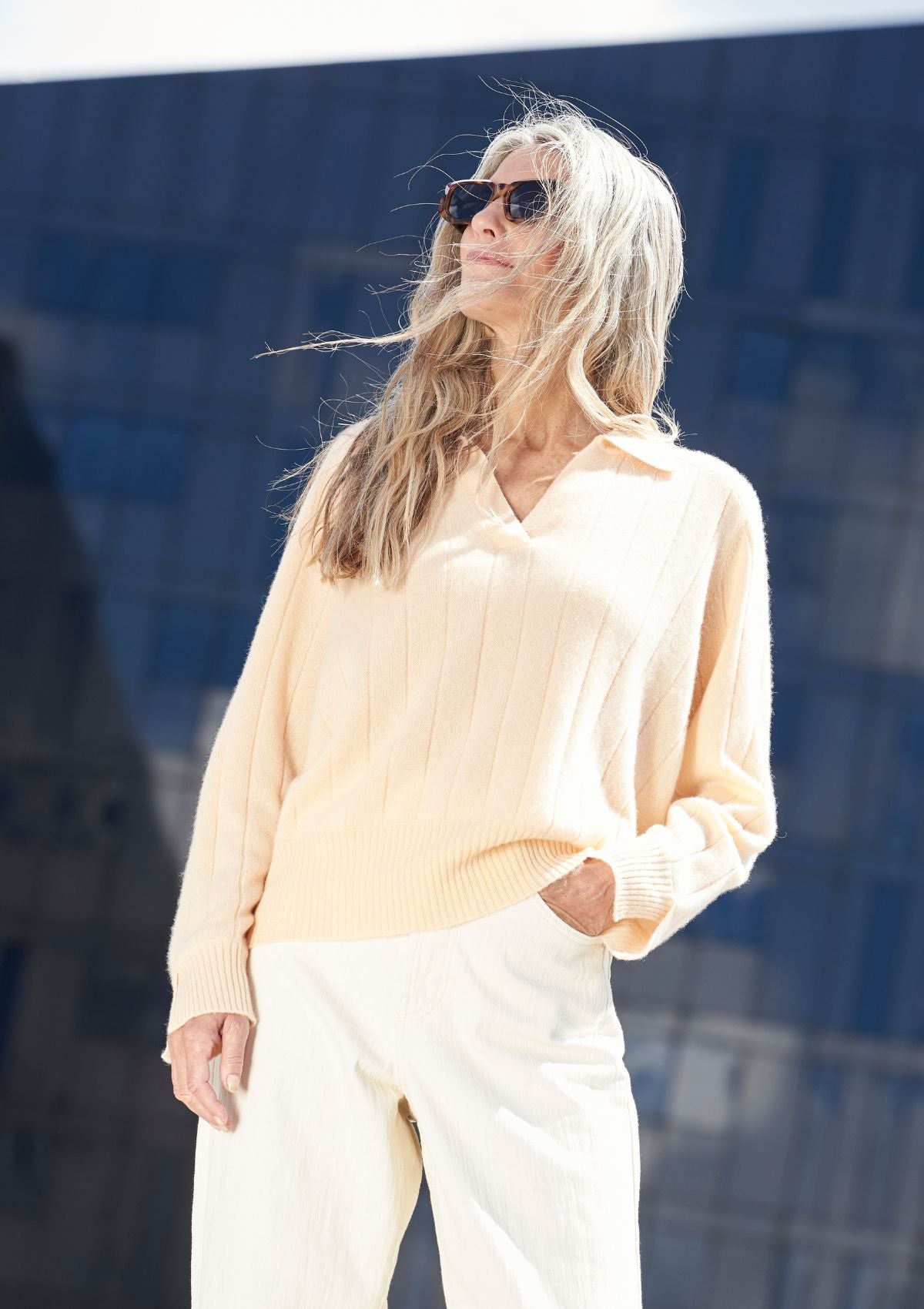 Cashmere Ribbed Collared Sweater in Parfait Peach