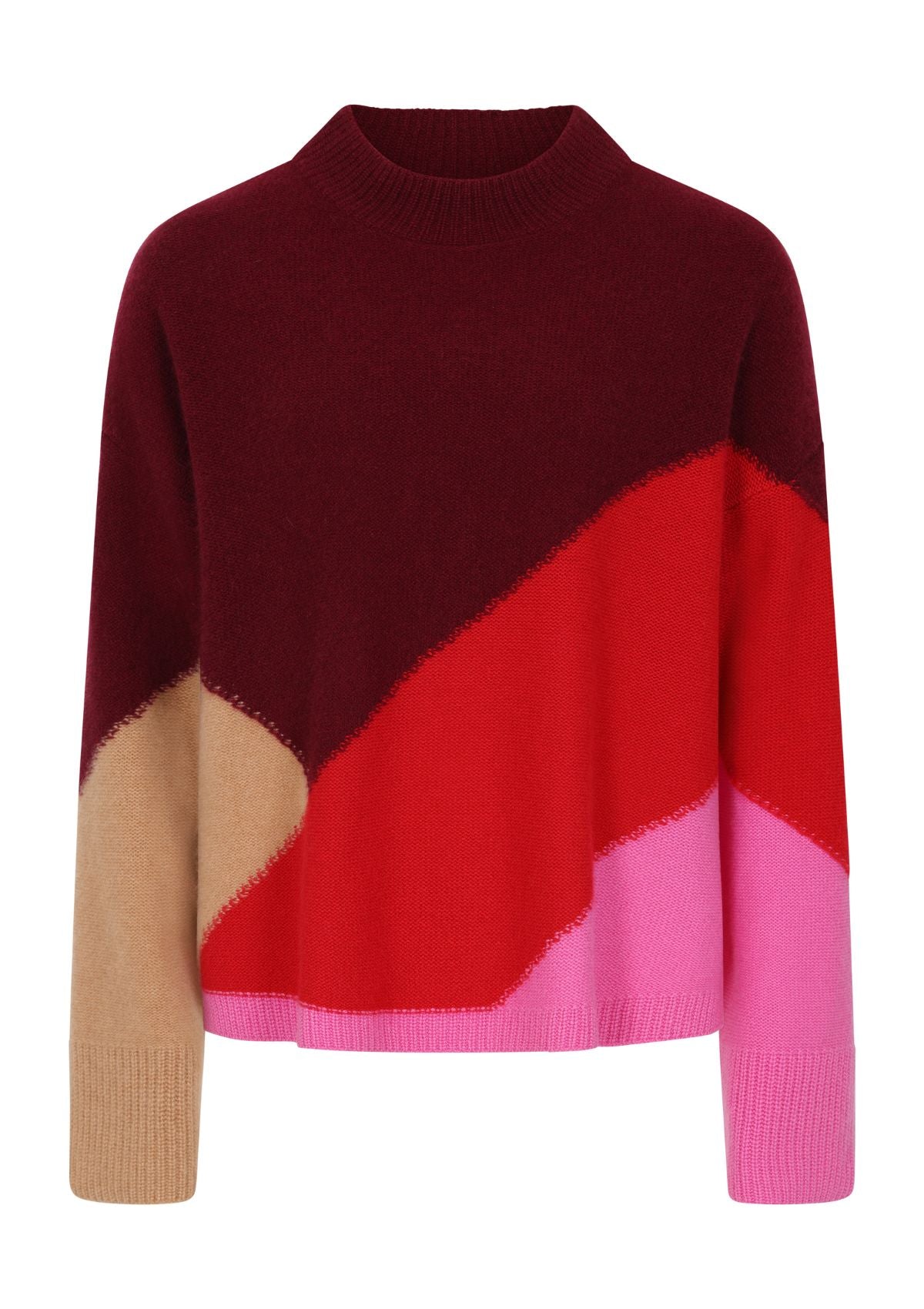 Chunky Colour Block Cashmere Sweater in Plum Red