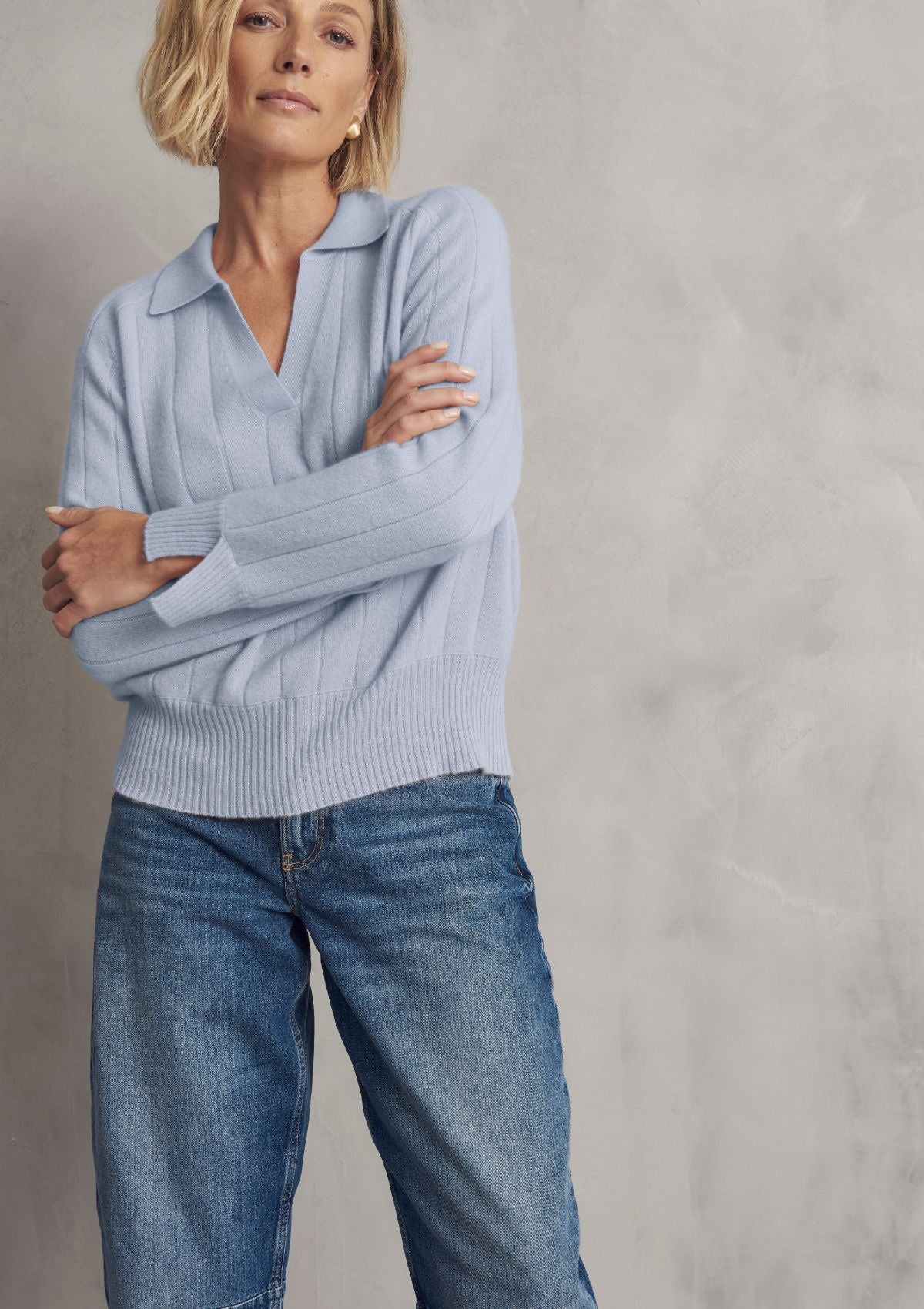 Cashmere Ribbed Collared Sweater in Sky Blue