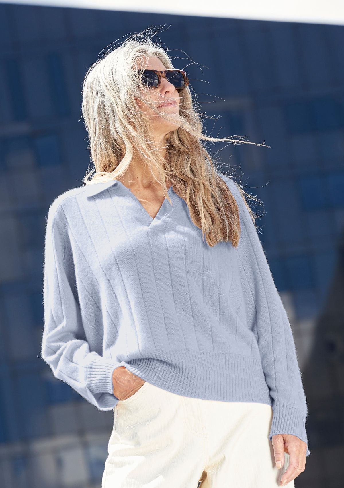 Cashmere Ribbed Collared Sweater in Sky Blue