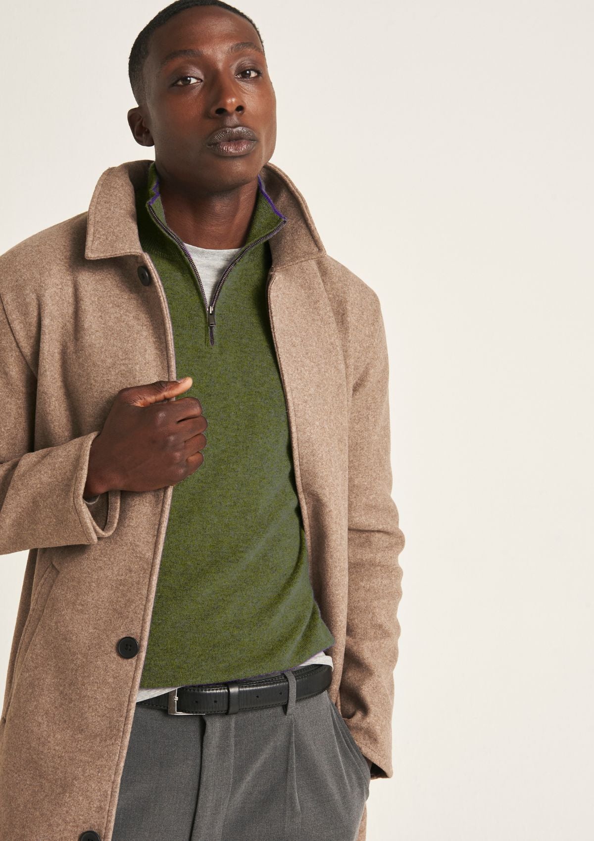 Mens Cashmere Half Zip Sweater in Bayleaf Green